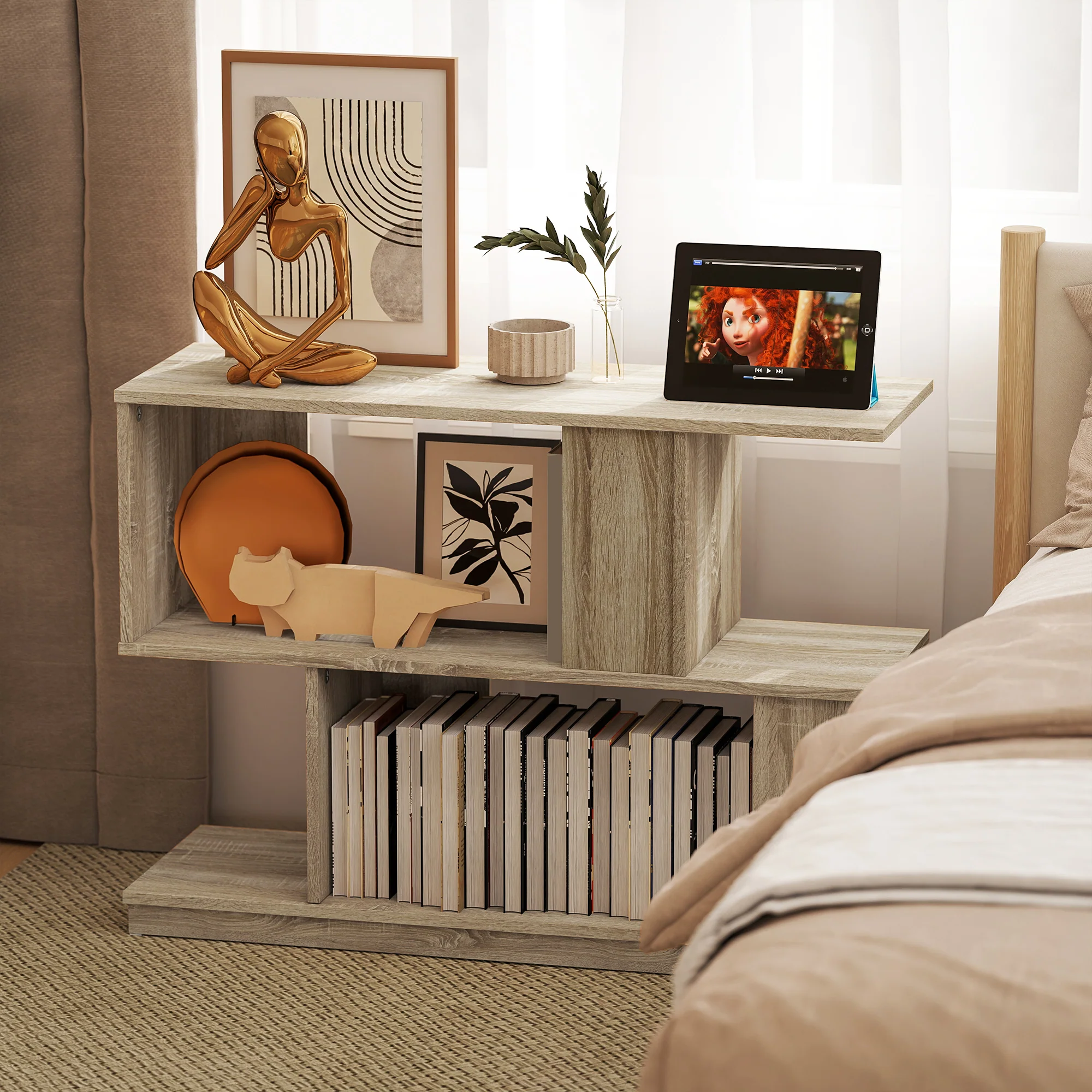 HOMCOM Modern Narrow End Table, S-Shaped Nightstand, Natural Wood Finish - Image 8