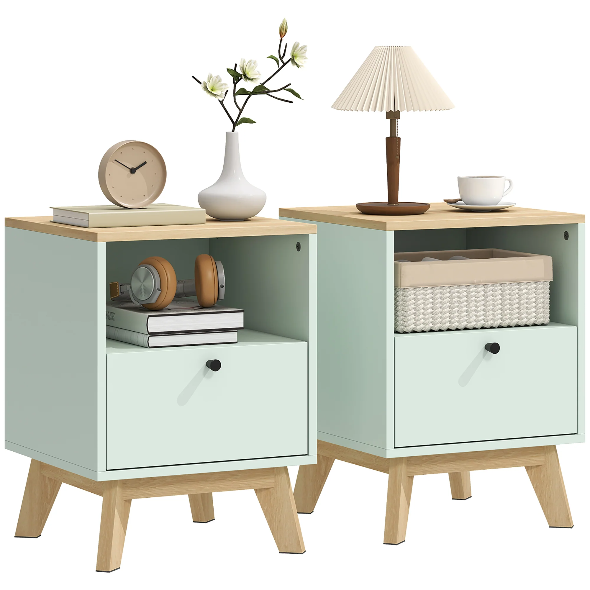 HOMCOM Modern Nightstand Set Of 2, Bedside Table With Drawer And Open Shelf