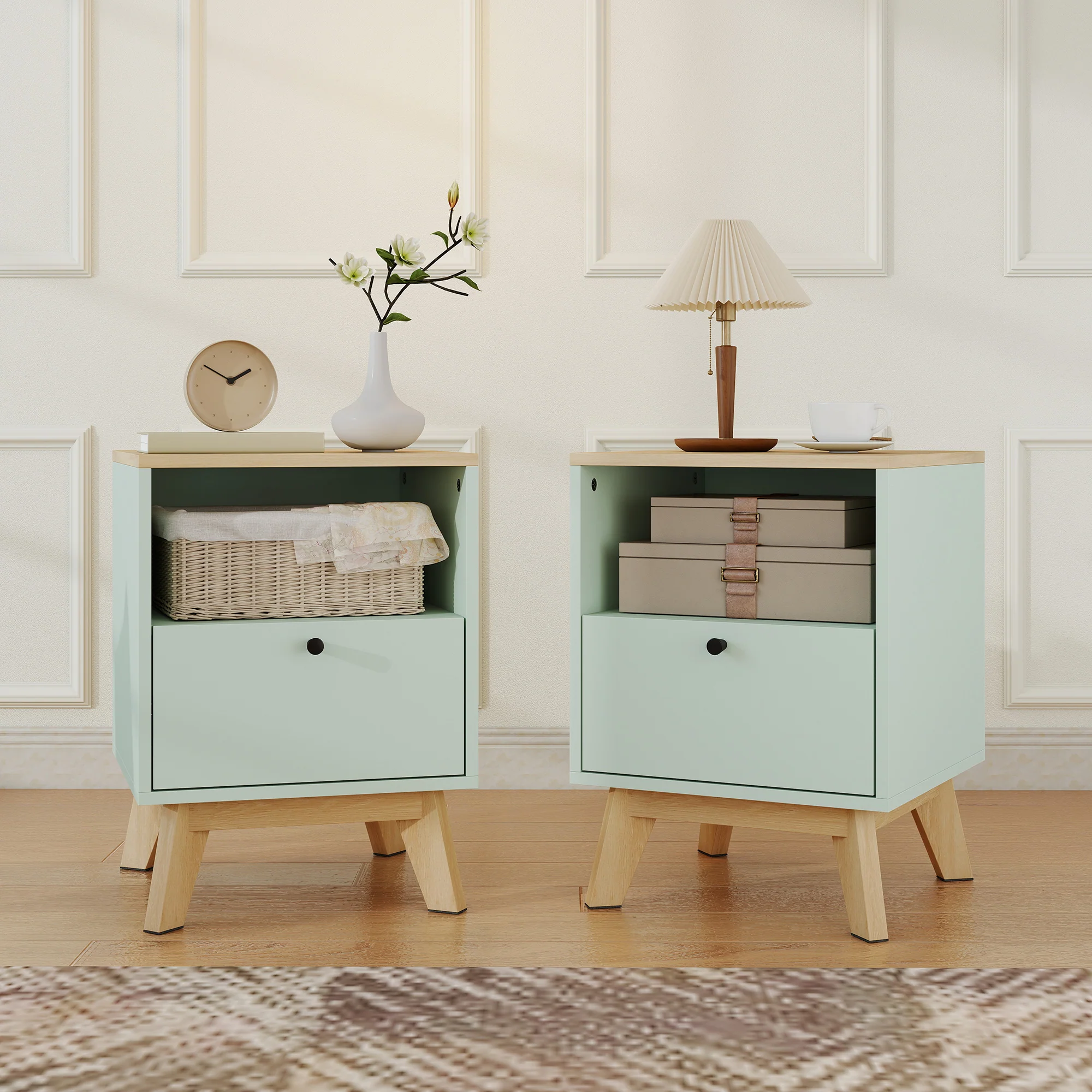 HOMCOM Modern Nightstand Set Of 2, Bedside Table With Drawer And Open Shelf - Image 2