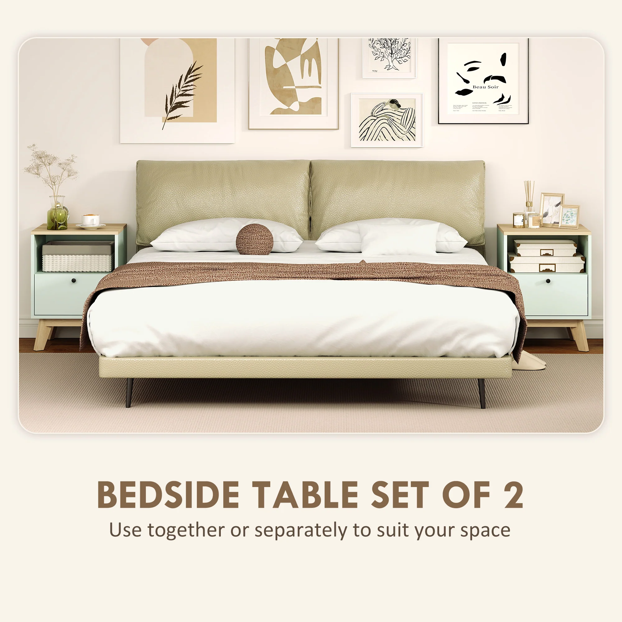 HOMCOM Modern Nightstand Set Of 2, Bedside Table With Drawer And Open Shelf - Image 3