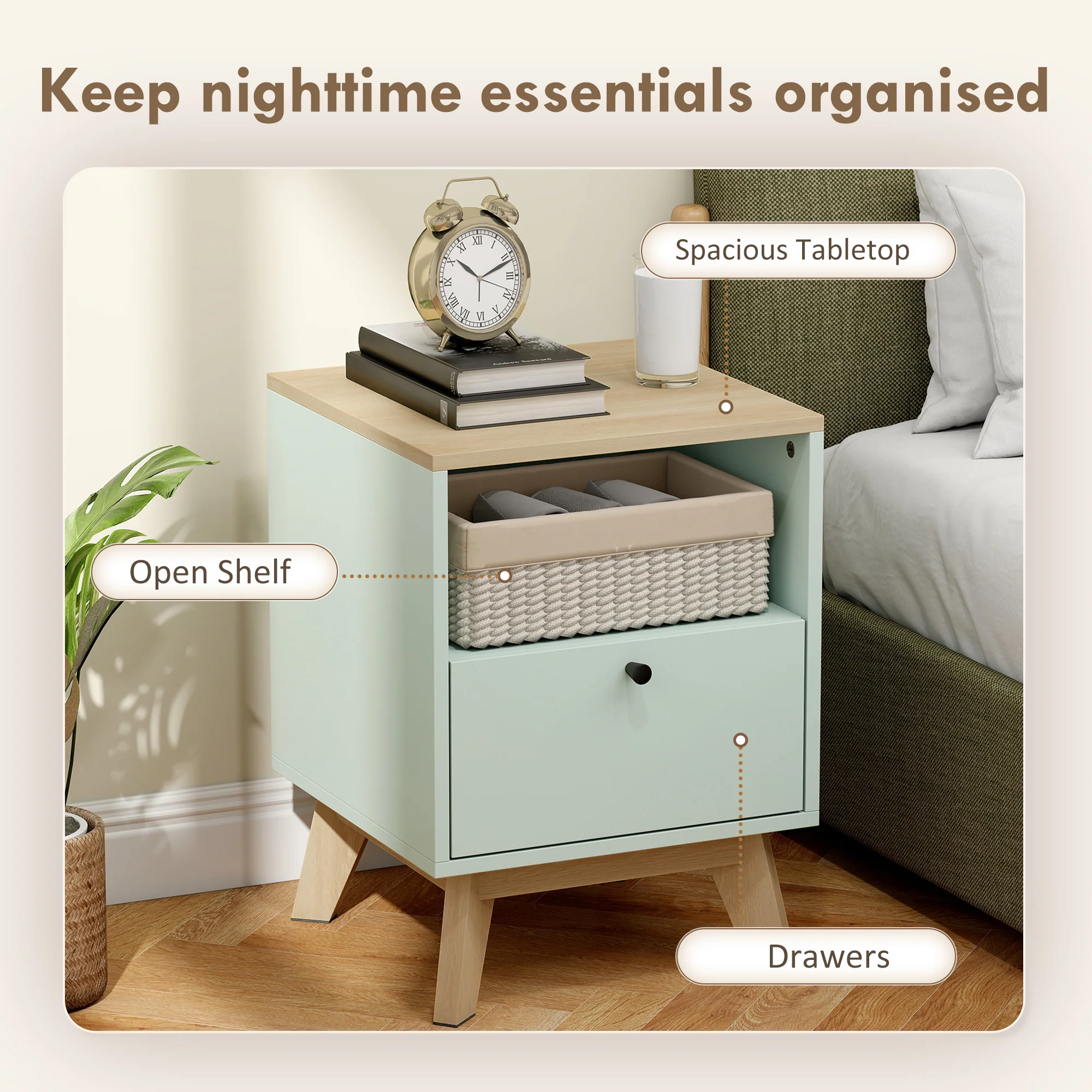 HOMCOM Modern Nightstand Set Of 2, Bedside Table With Drawer And Open Shelf - Image 4