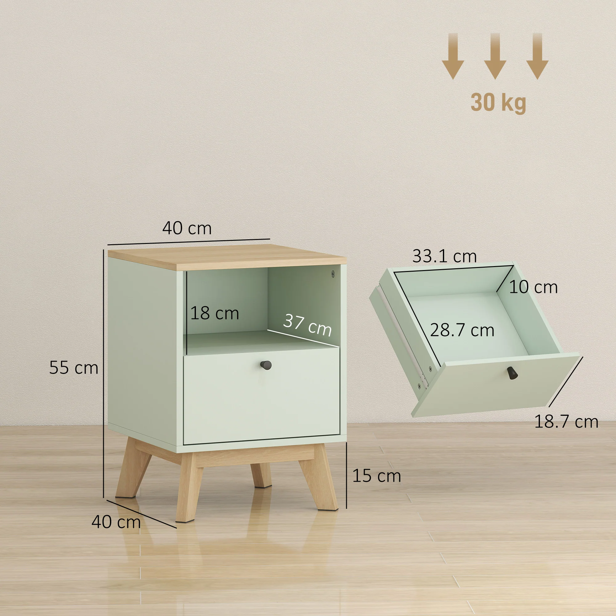 HOMCOM Modern Nightstand Set Of 2, Bedside Table With Drawer And Open Shelf - Image 5