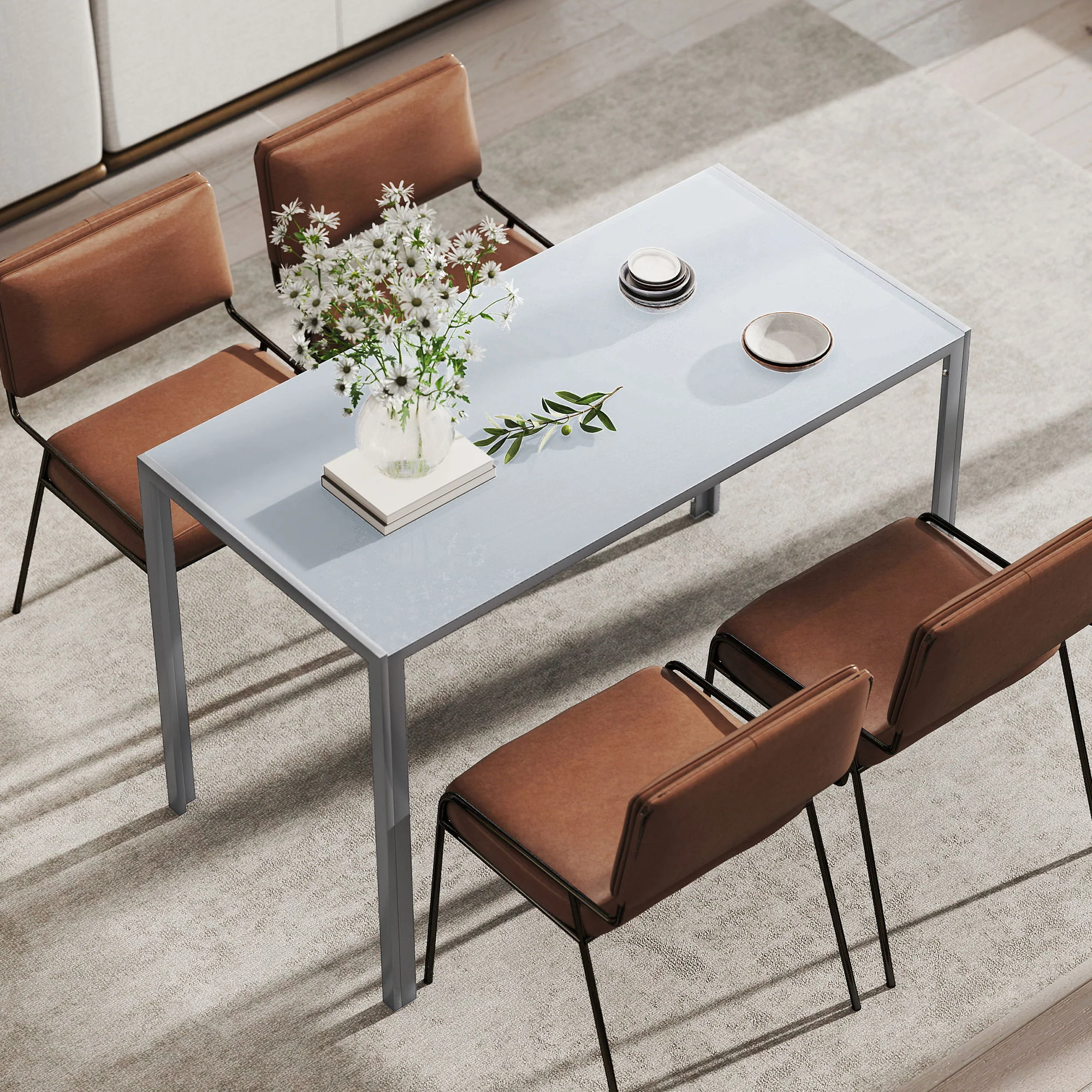 HOMCOM Modern Rectangular 4 Seater Dining Table with Tempered Glass Top - Image 7