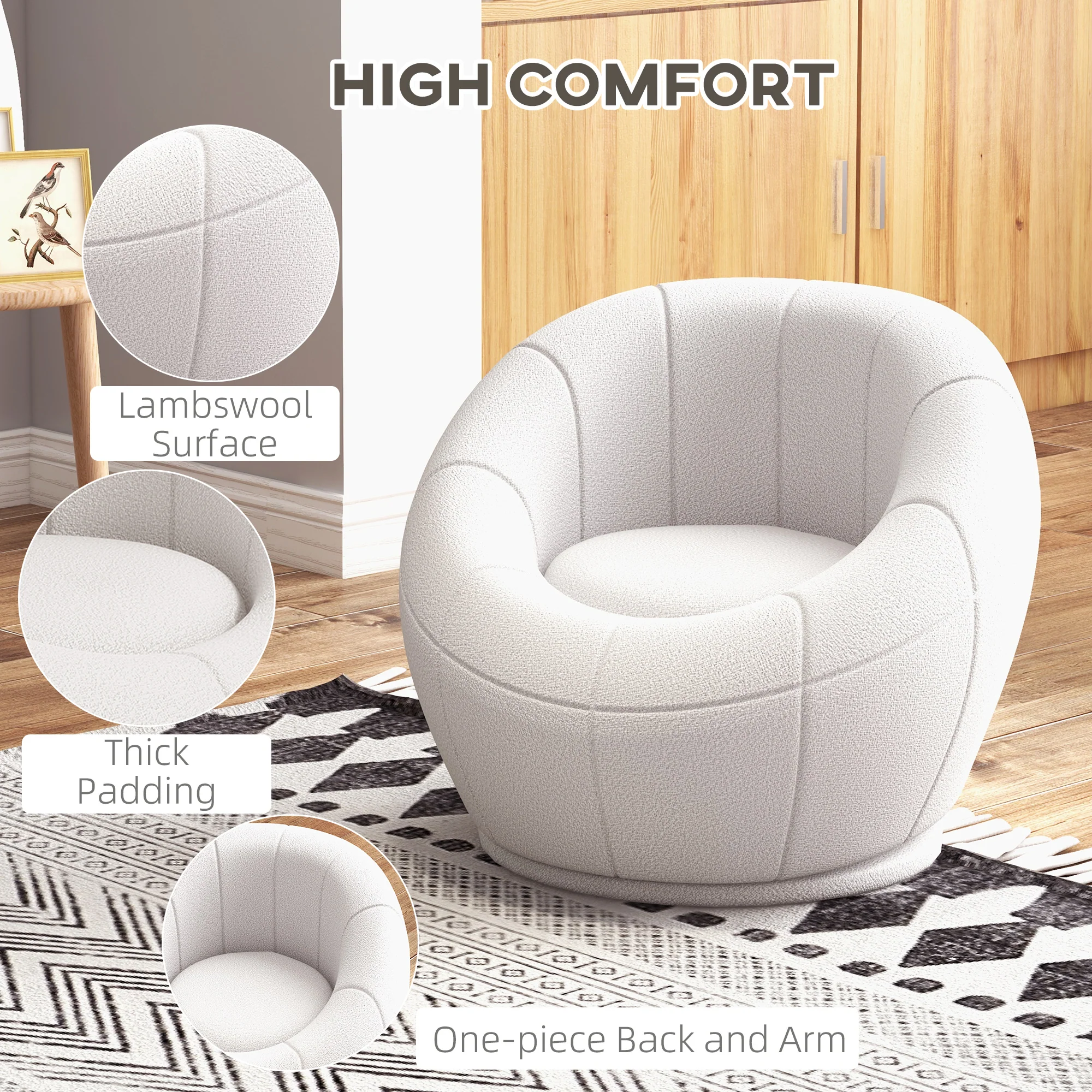 HOMCOM Modern Round Boucle Armchair Accent Chair for Living Room Bedroom White - Image 3