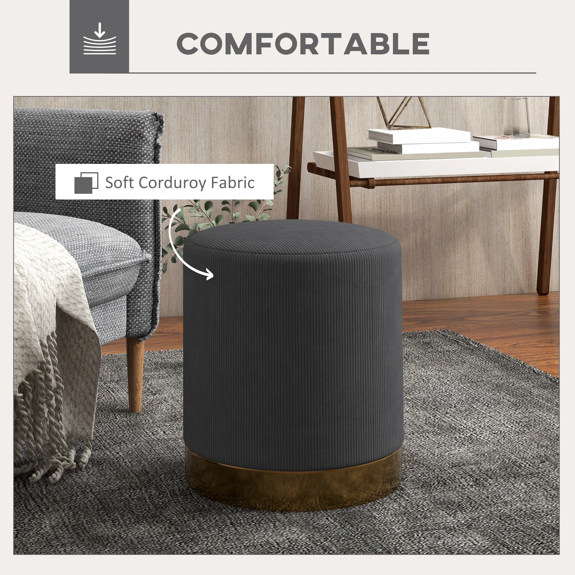 HOMCOM Modern Round Footstool, Fabric Upholstered Foot Rest, Light Brown - Image 12