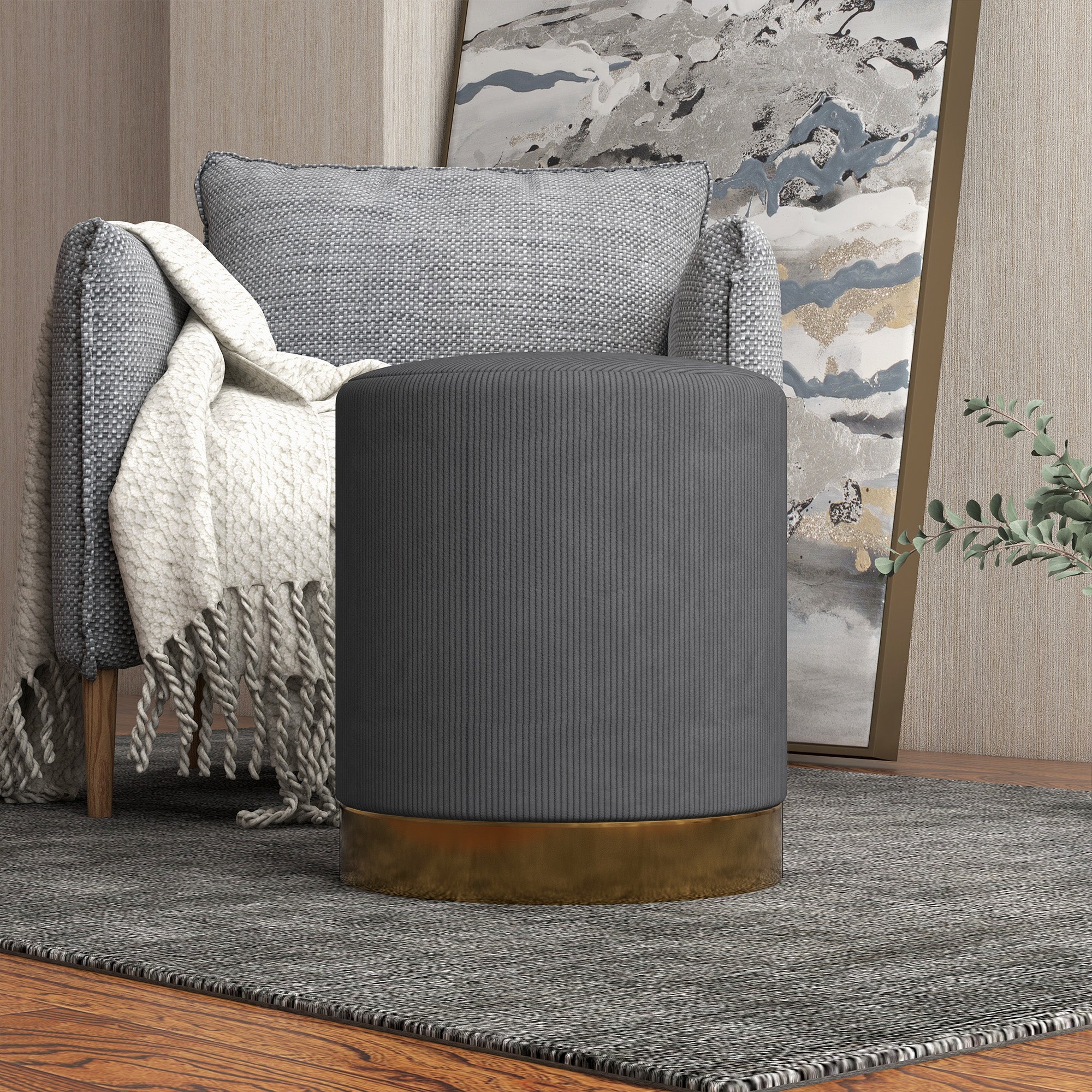 HOMCOM Modern Round Footstool, Fabric Upholstered Foot Rest, Light Brown - Image 15
