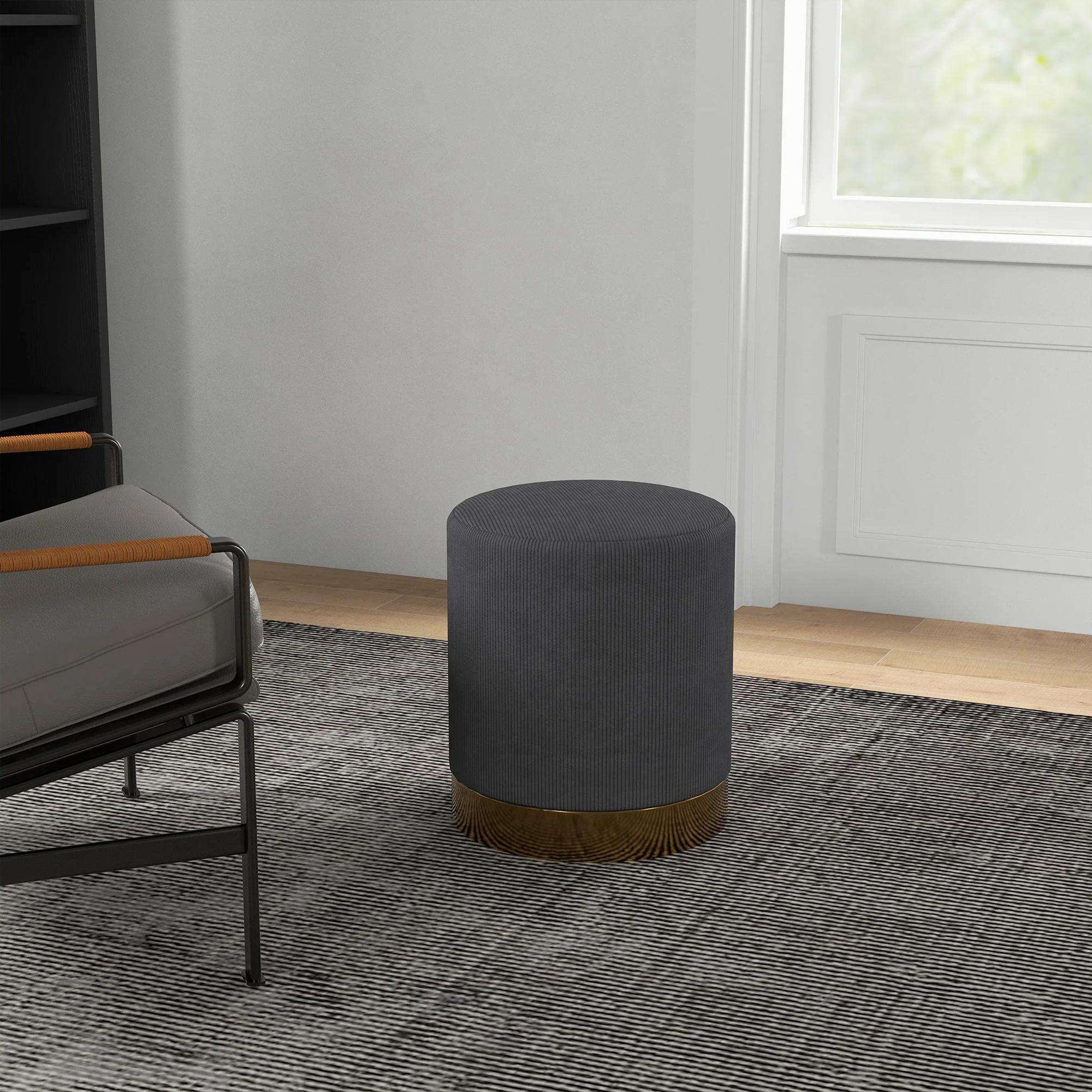 HOMCOM Modern Round Footstool, Fabric Upholstered Foot Rest, Light Brown - Image 17