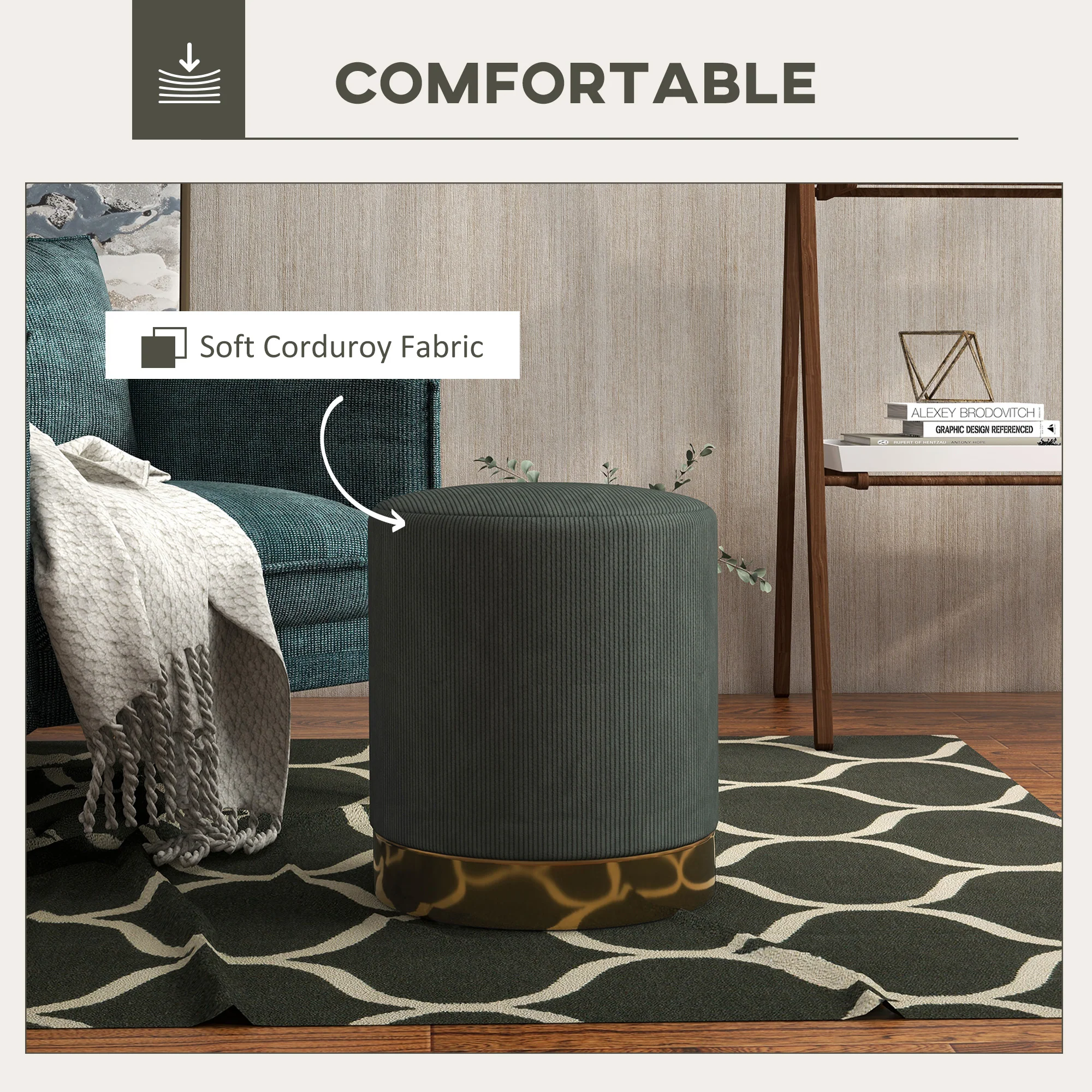 HOMCOM Modern Round Footstool, Fabric Upholstered Foot Rest, Light Brown - Image 27