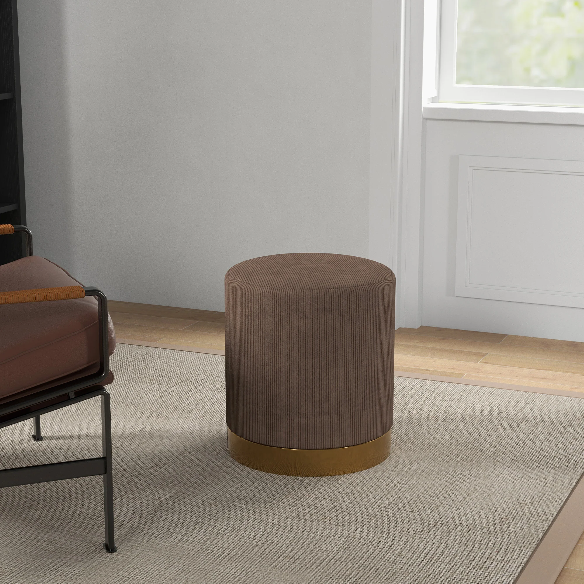 HOMCOM Modern Round Footstool, Fabric Upholstered Foot Rest, Light Brown - Image 8