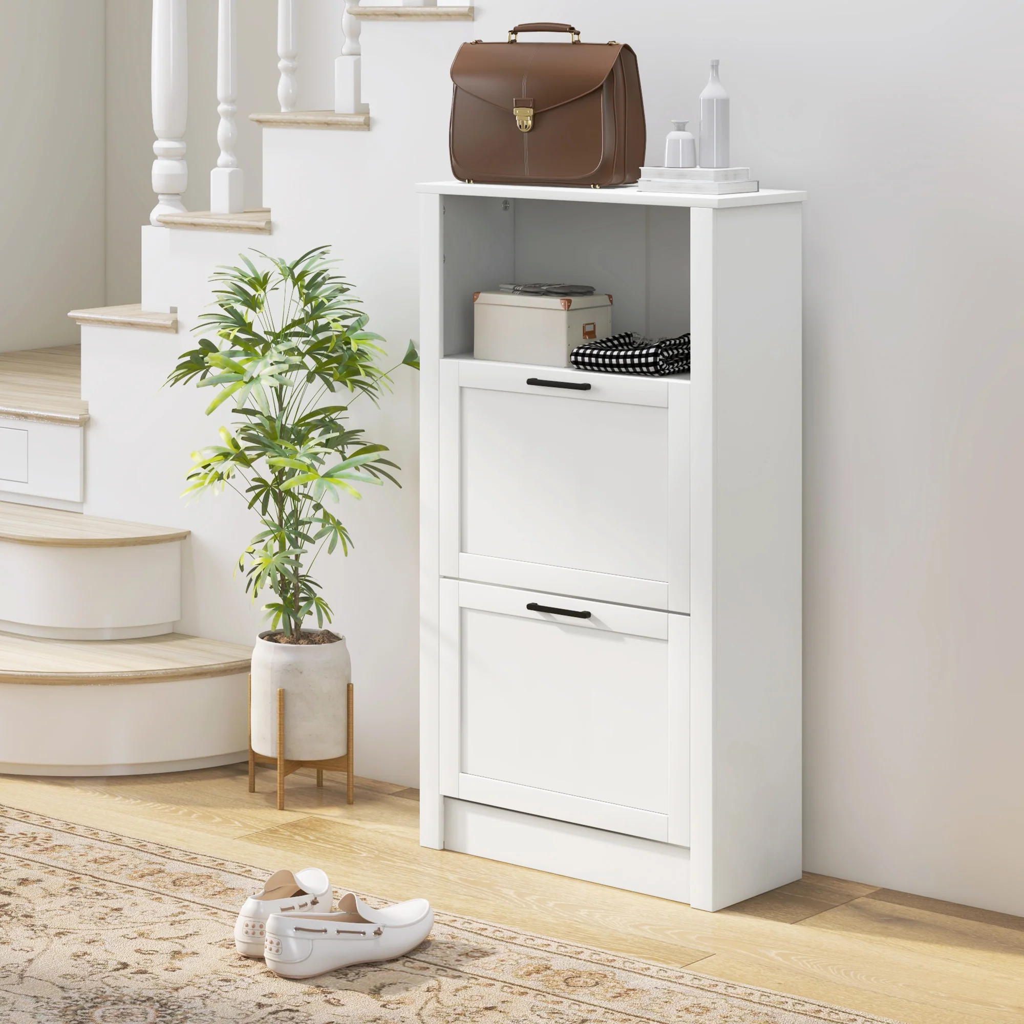 HOMCOM Modern Shoe Cabinet with 2 Flip Drawers and Adjustable Shelves, White - Image 2