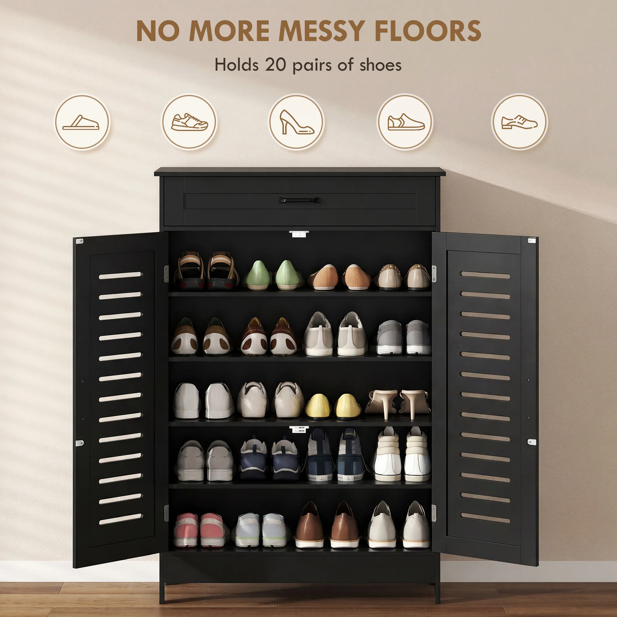 HOMCOM Modern Shoe Storage Cabinet with Louvered Doors and Drawer, Black - Image 3