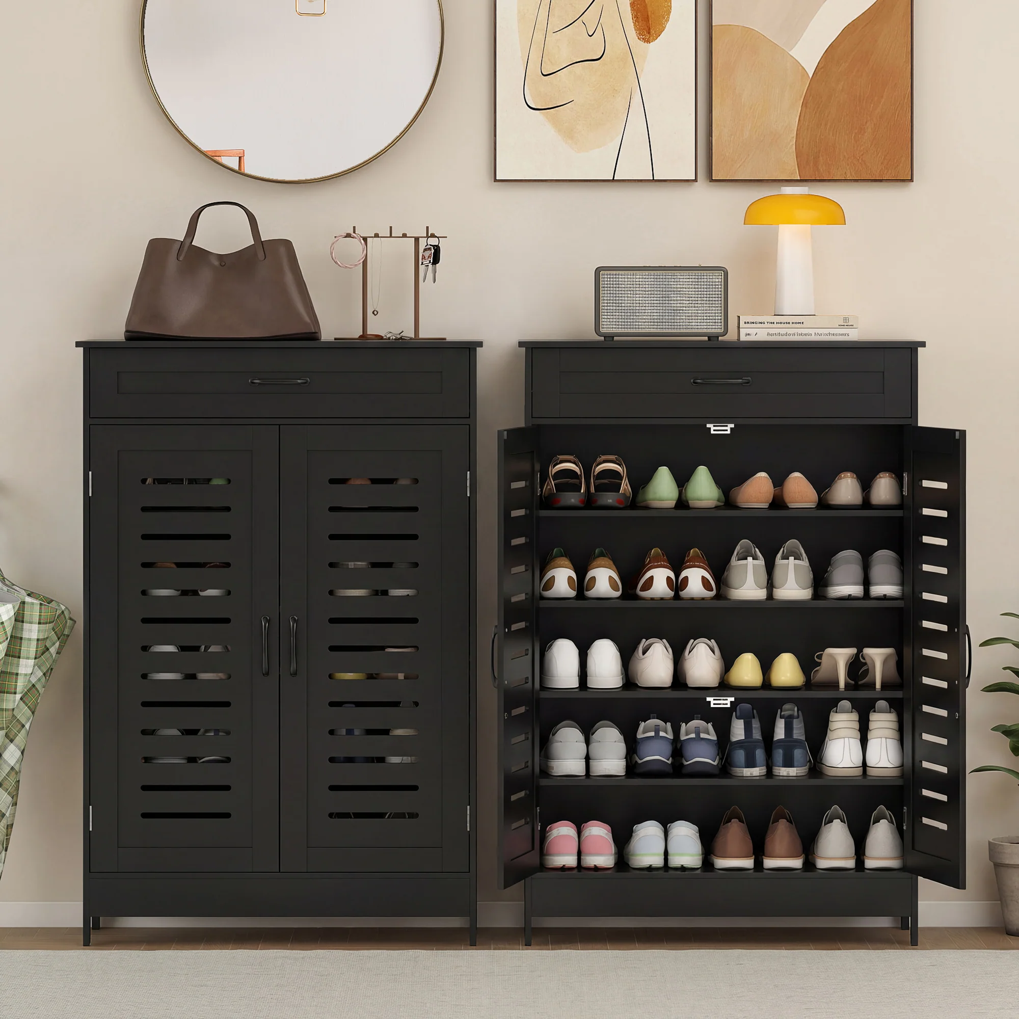 HOMCOM Modern Shoe Storage Cabinet with Louvered Doors and Drawer, Black - Image 8
