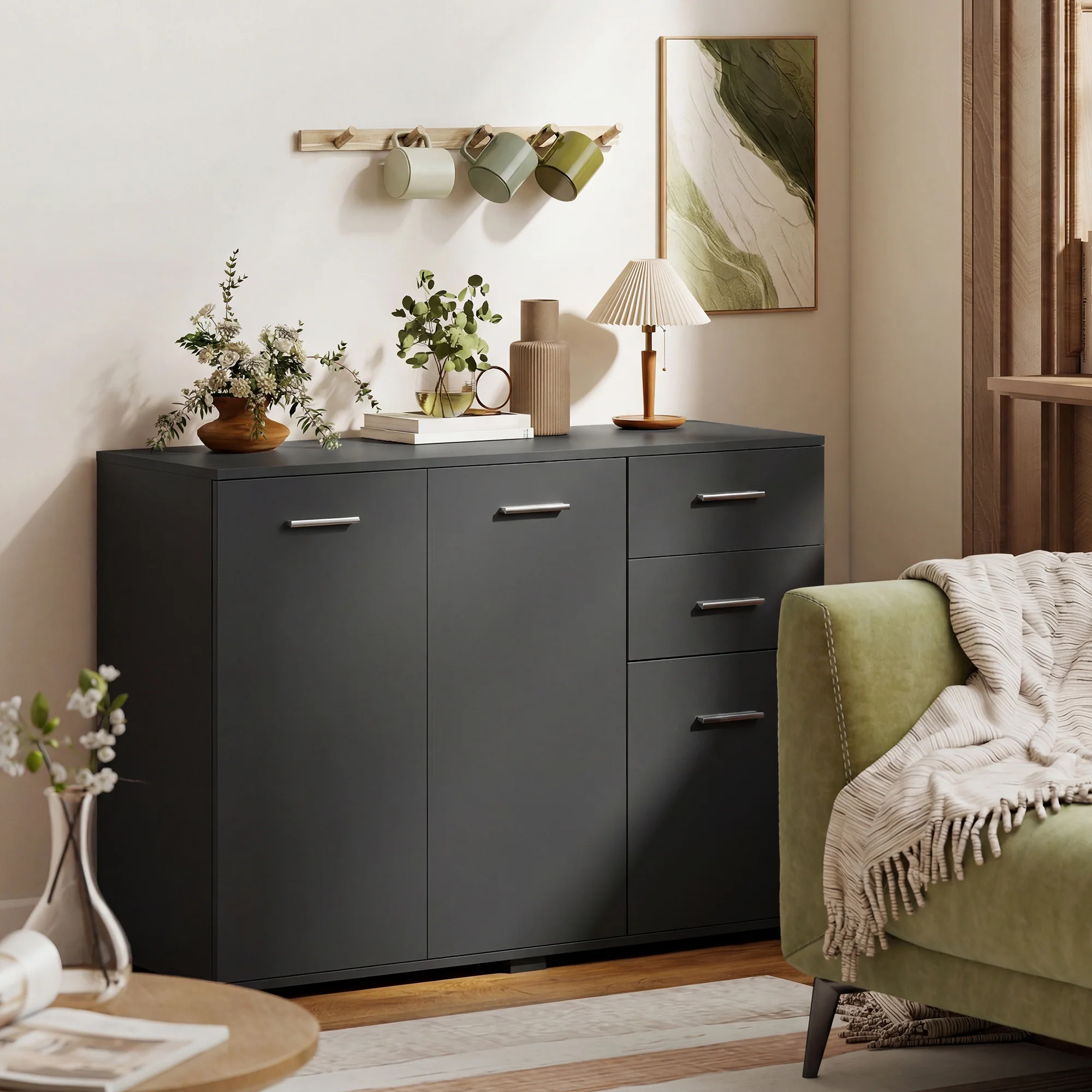 HOMCOM Modern Sideboard Kitchen Storage Cabinet, Black - Image 2