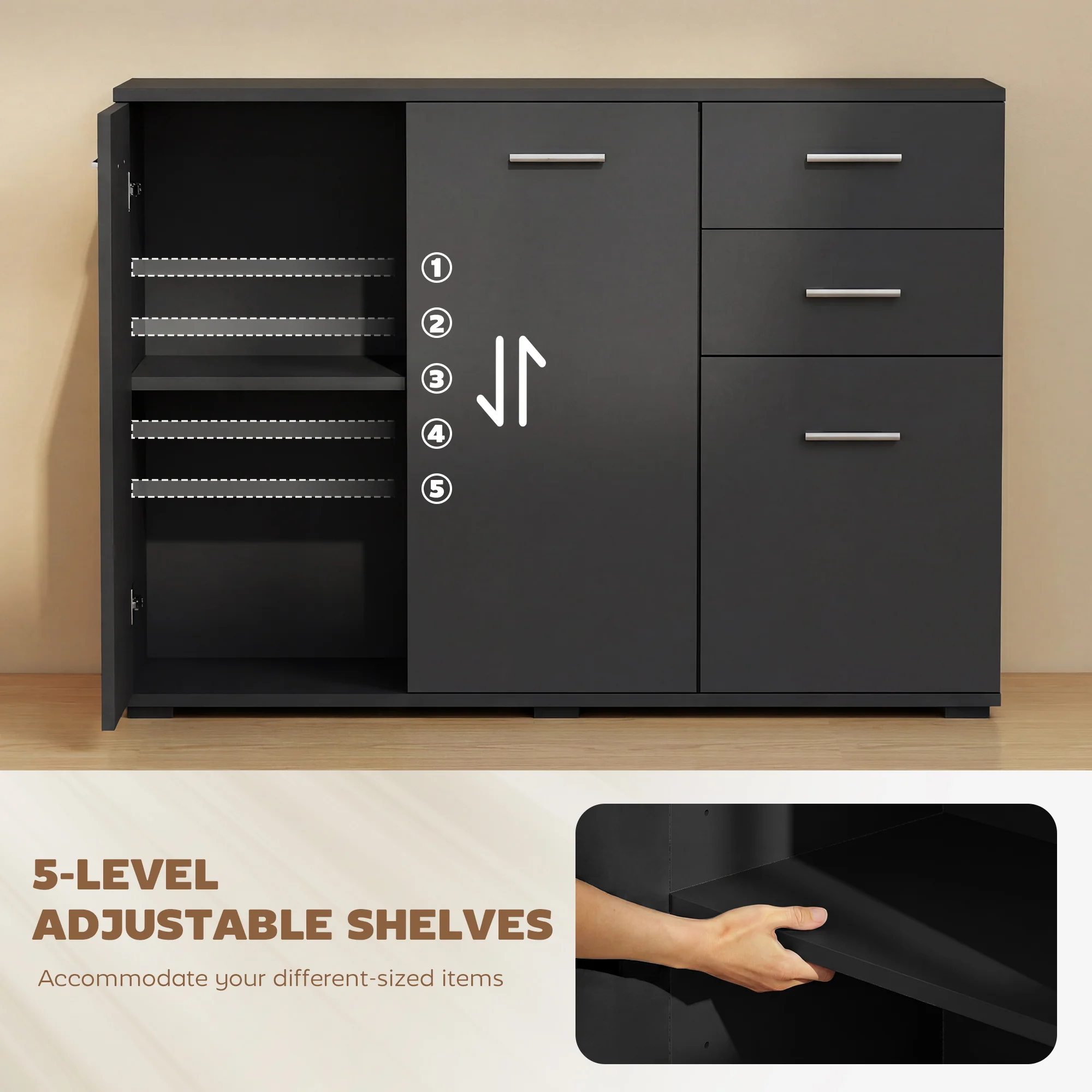 HOMCOM Modern Sideboard Kitchen Storage Cabinet, Black - Image 4