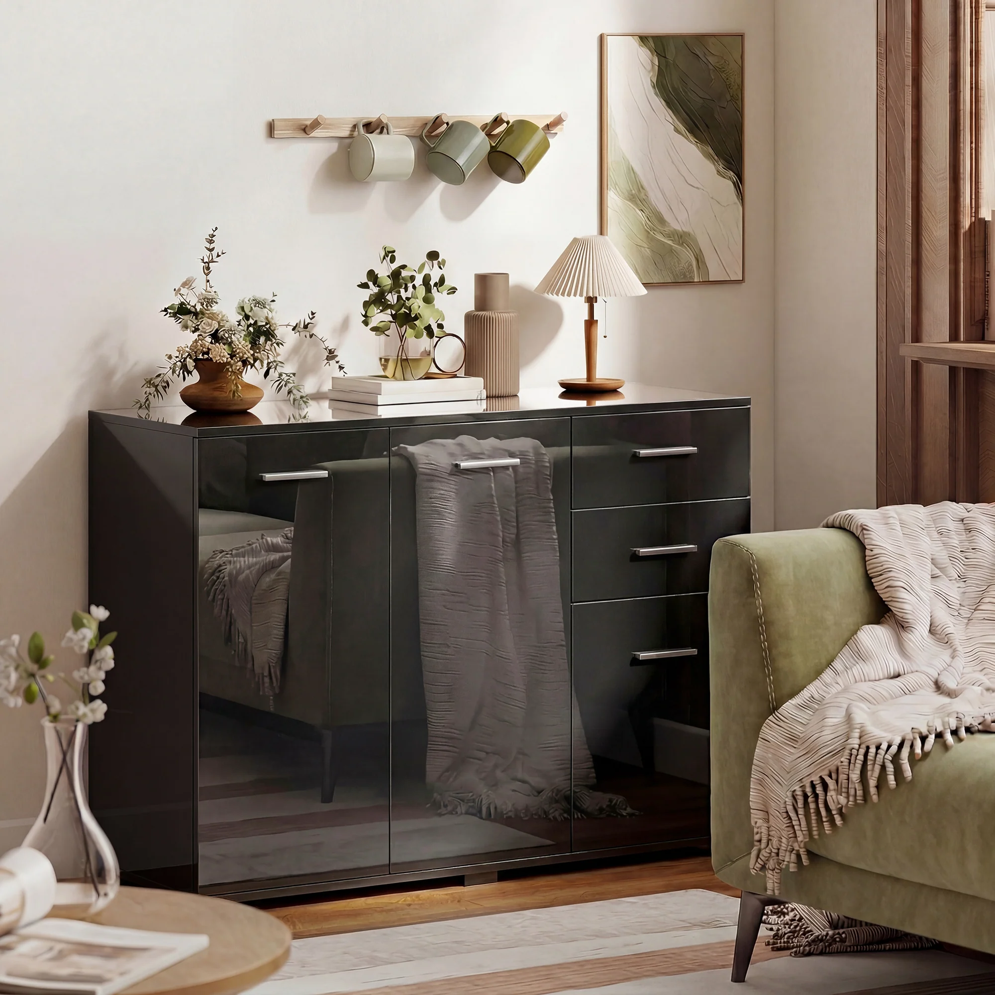 HOMCOM Modern Sideboard Kitchen Storage Cabinet, High Gloss Black - Image 2