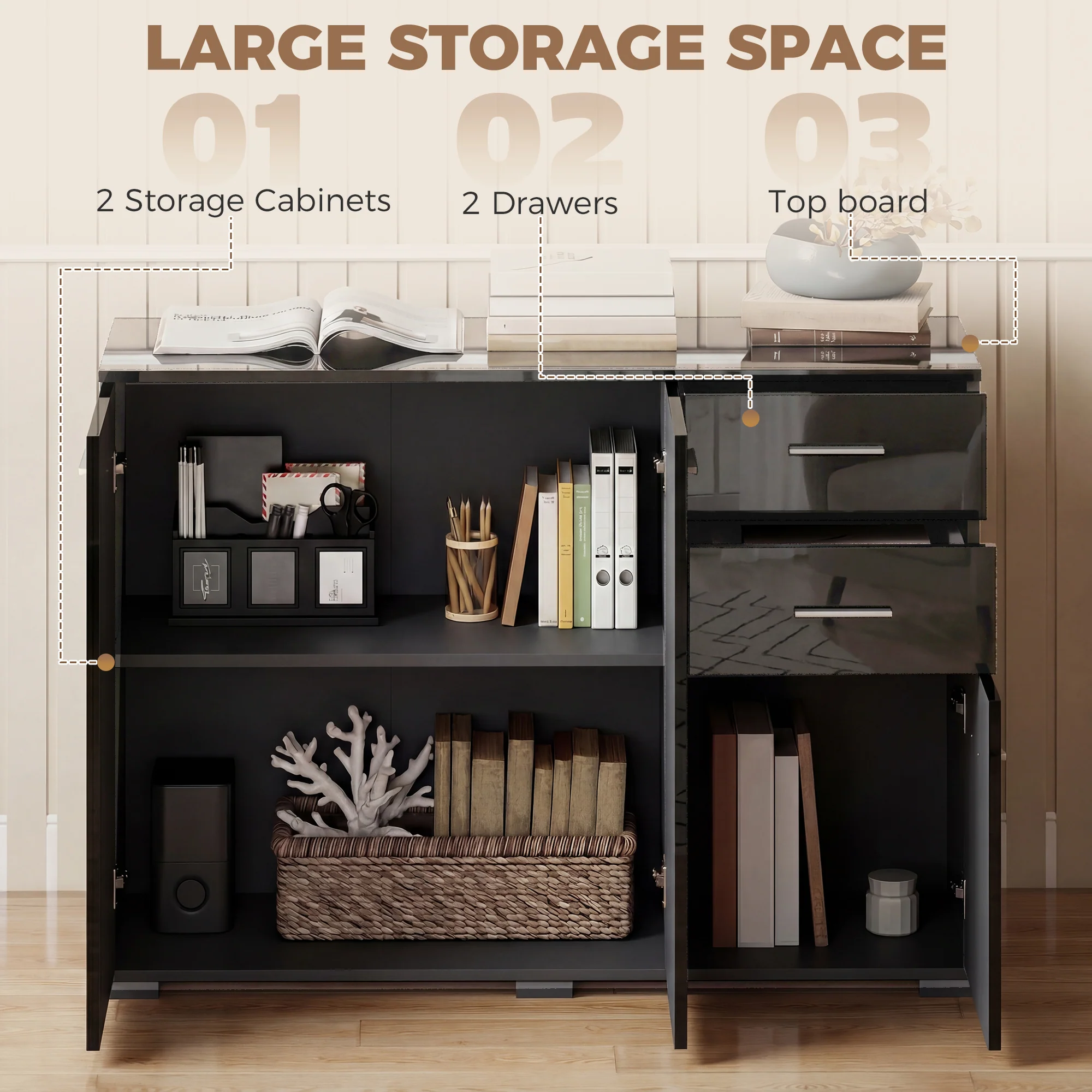 HOMCOM Modern Sideboard Kitchen Storage Cabinet, High Gloss Black - Image 3