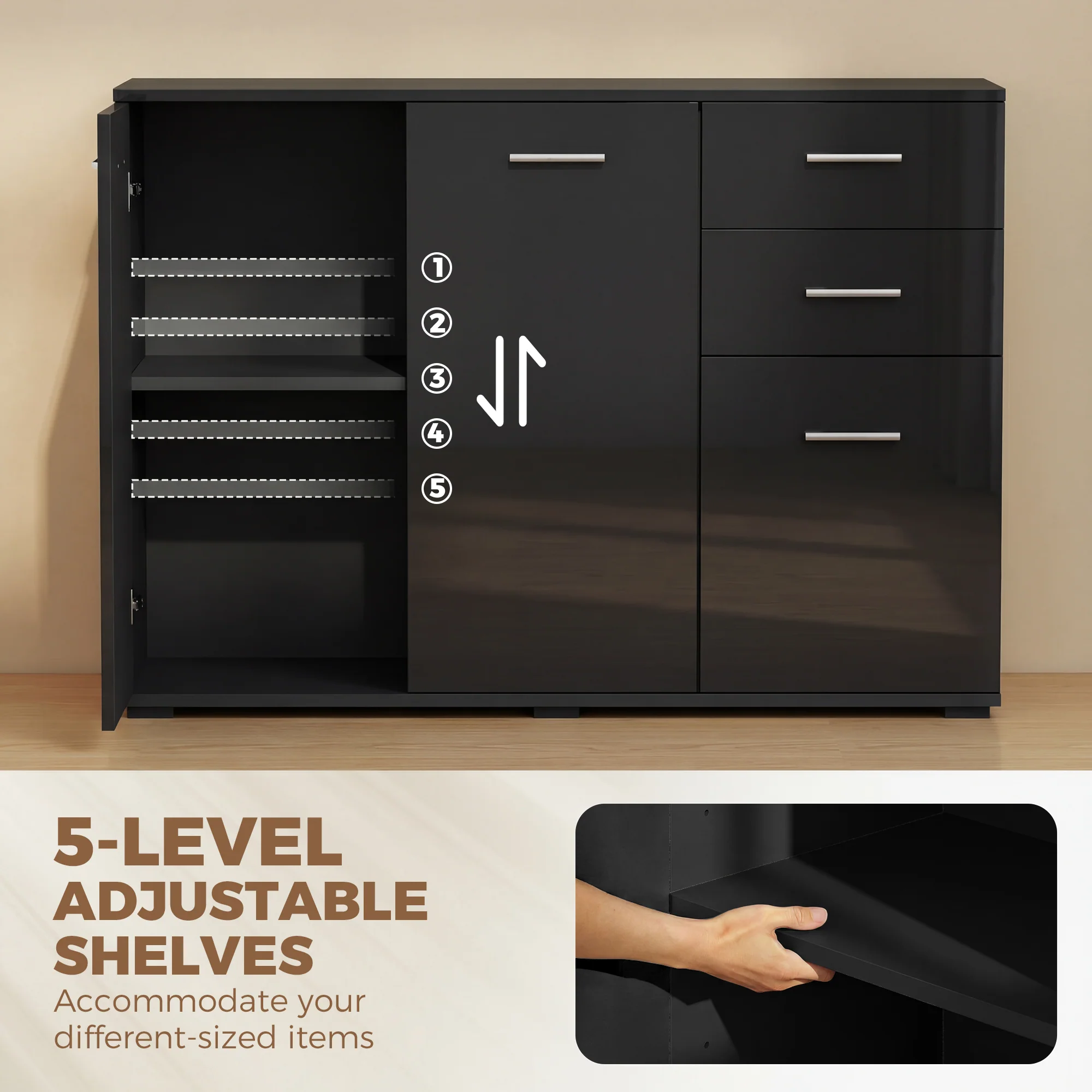 HOMCOM Modern Sideboard Kitchen Storage Cabinet, High Gloss Black - Image 4