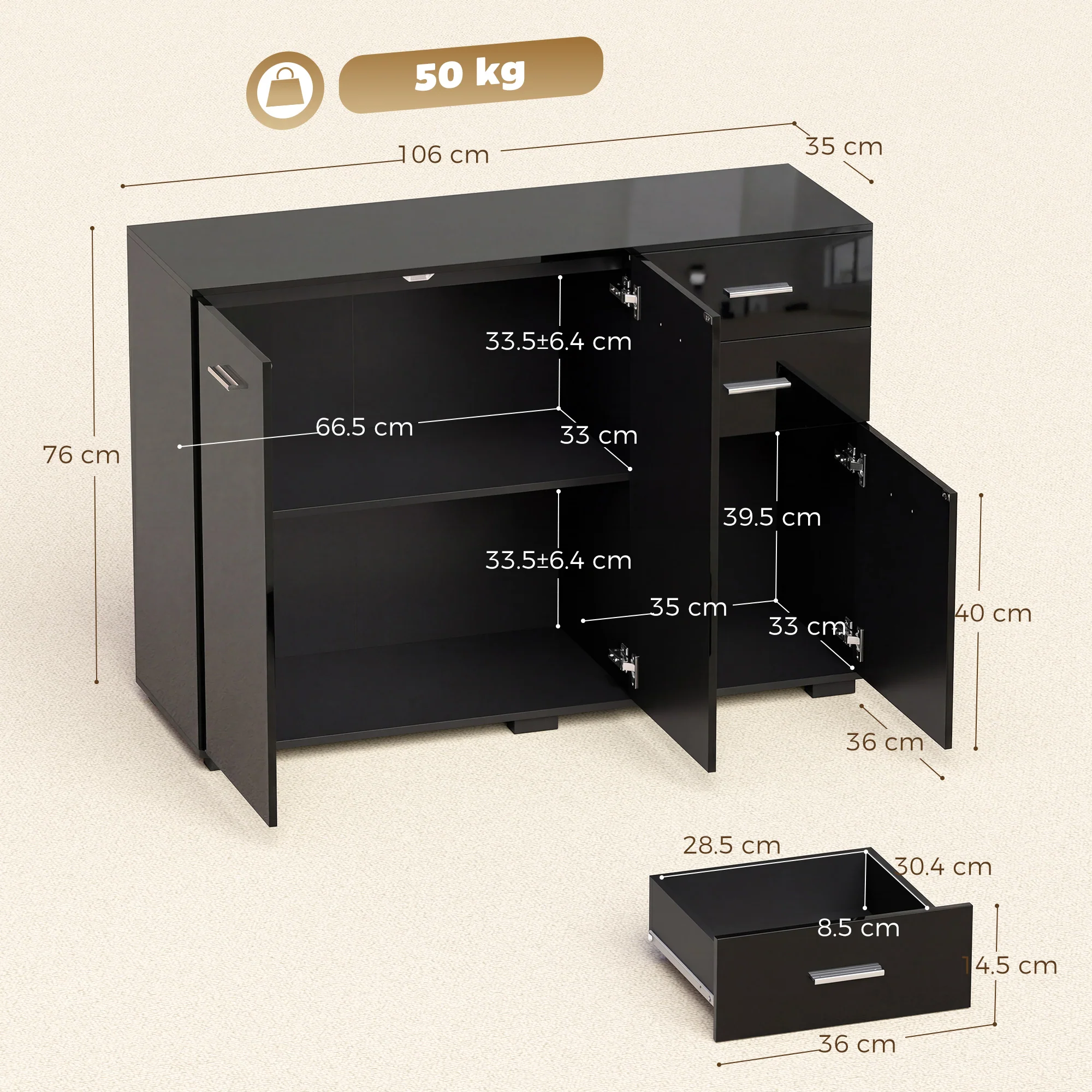HOMCOM Modern Sideboard Kitchen Storage Cabinet, High Gloss Black - Image 5