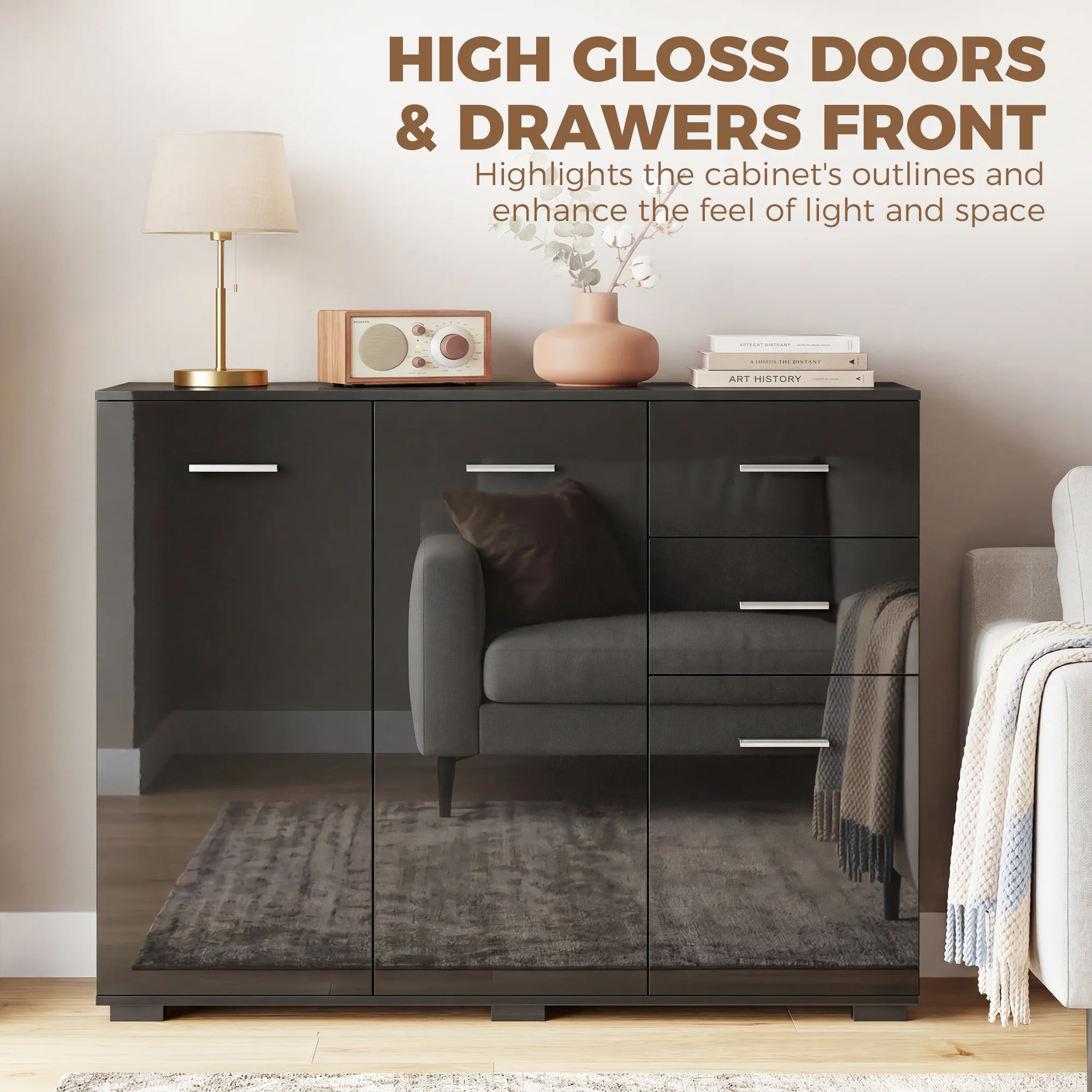 HOMCOM Modern Sideboard Kitchen Storage Cabinet, High Gloss Black - Image 6