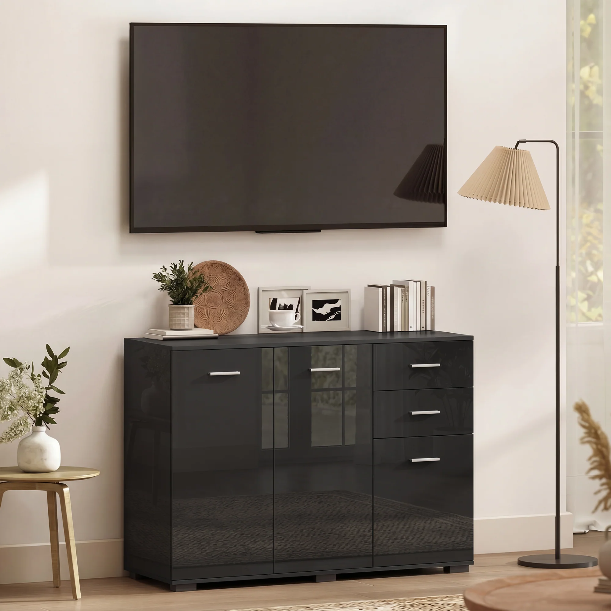 HOMCOM Modern Sideboard Kitchen Storage Cabinet, High Gloss Black - Image 8