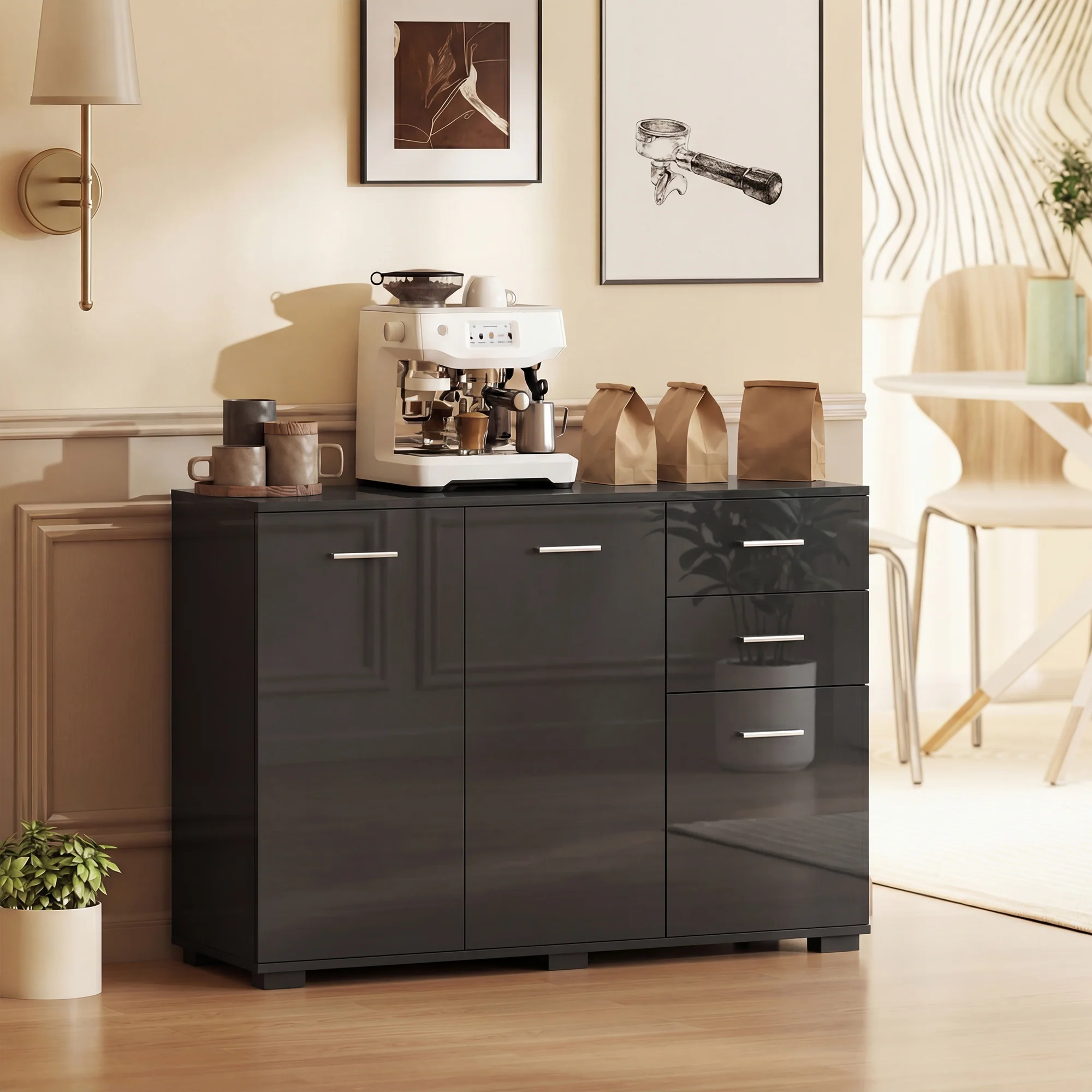 HOMCOM Modern Sideboard Kitchen Storage Cabinet, High Gloss Black - Image 9
