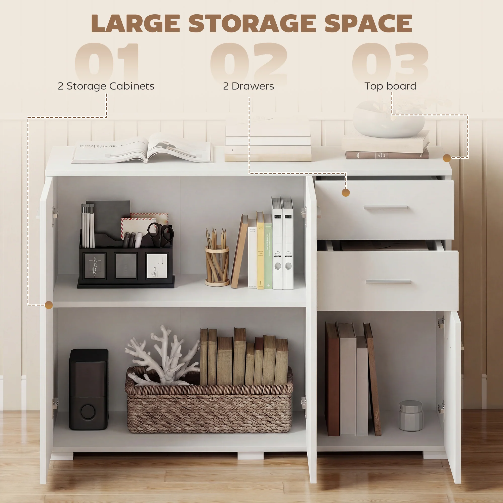 HOMCOM Modern Sideboard Kitchen Storage Cabinet, White - Image 3