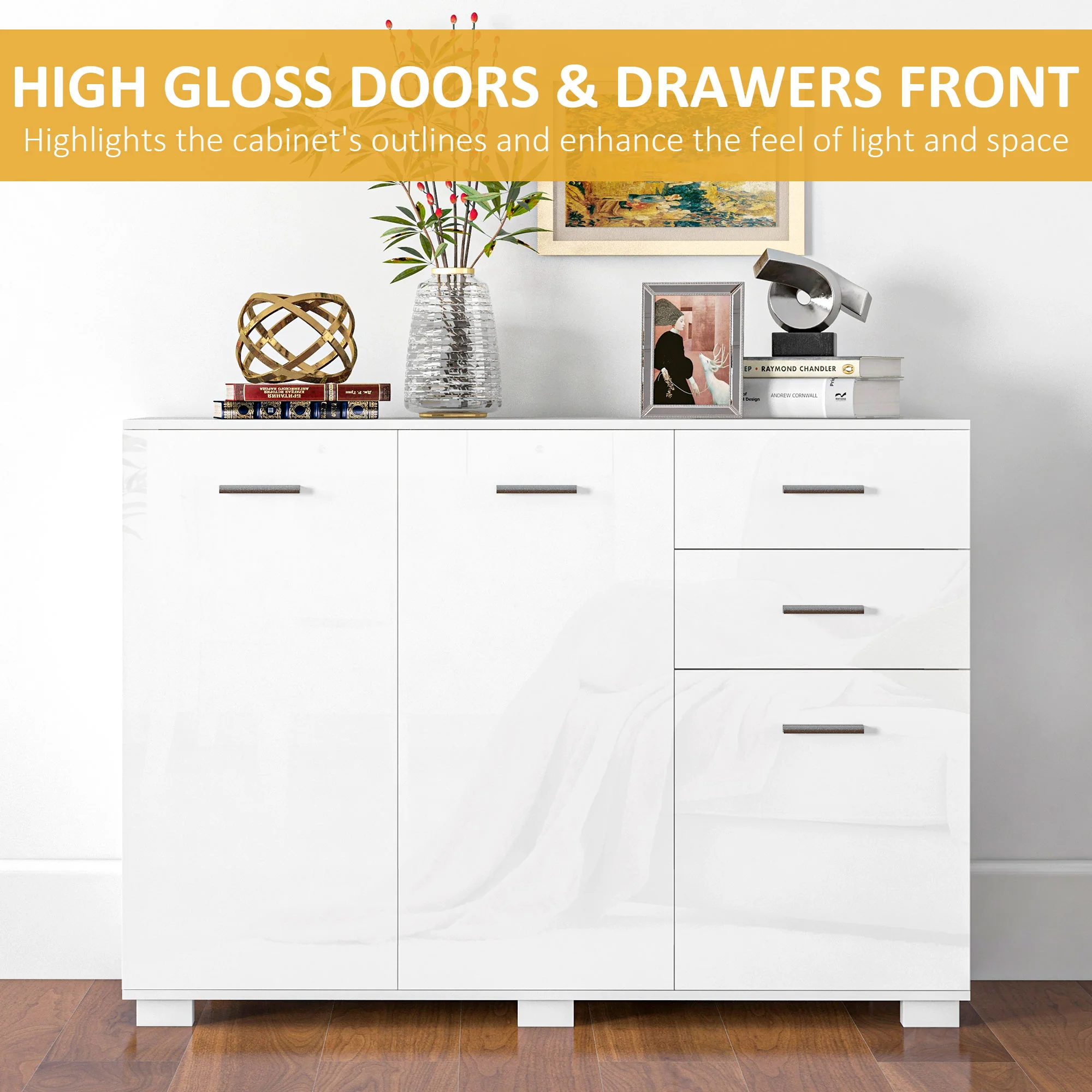 HOMCOM Modern Sideboard Kitchen Storage Cabinet with 2 Drawers and Shelves - Image 6