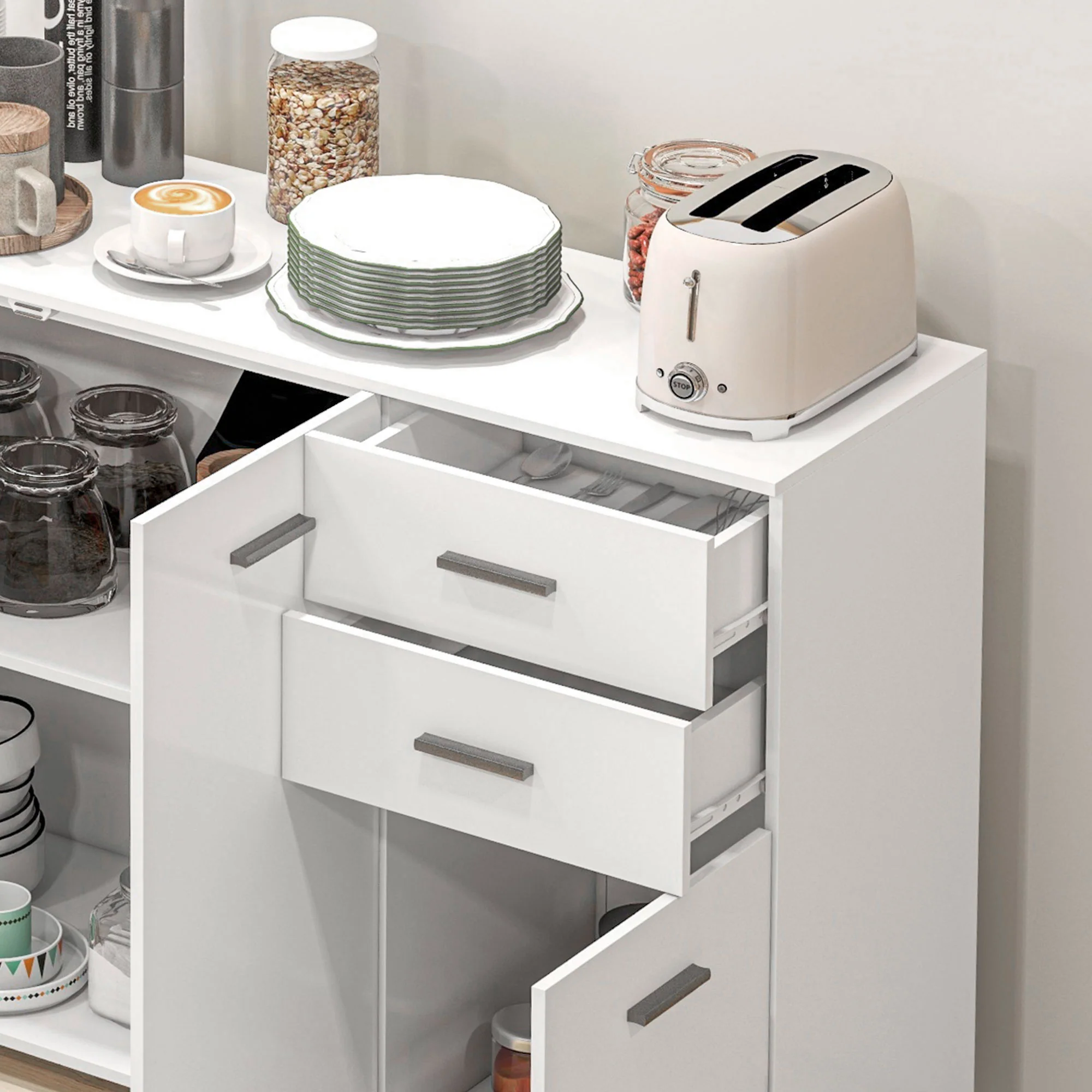 HOMCOM Modern Sideboard Kitchen Storage Cabinet with 2 Drawers and Shelves - Image 9