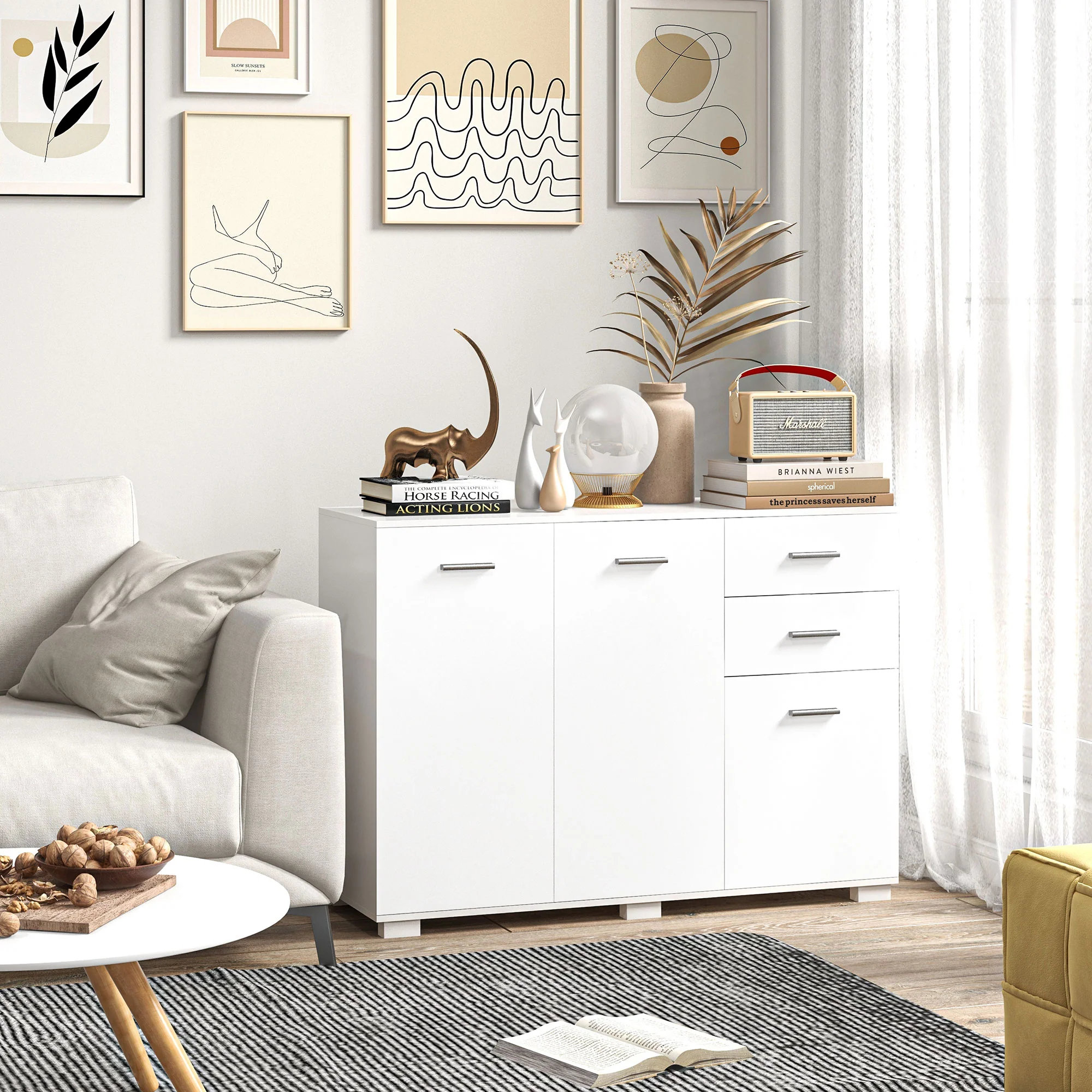 HOMCOM Modern Sideboard Kitchen Storage Cabinet with 2 Drawers and Shelves - Image 2
