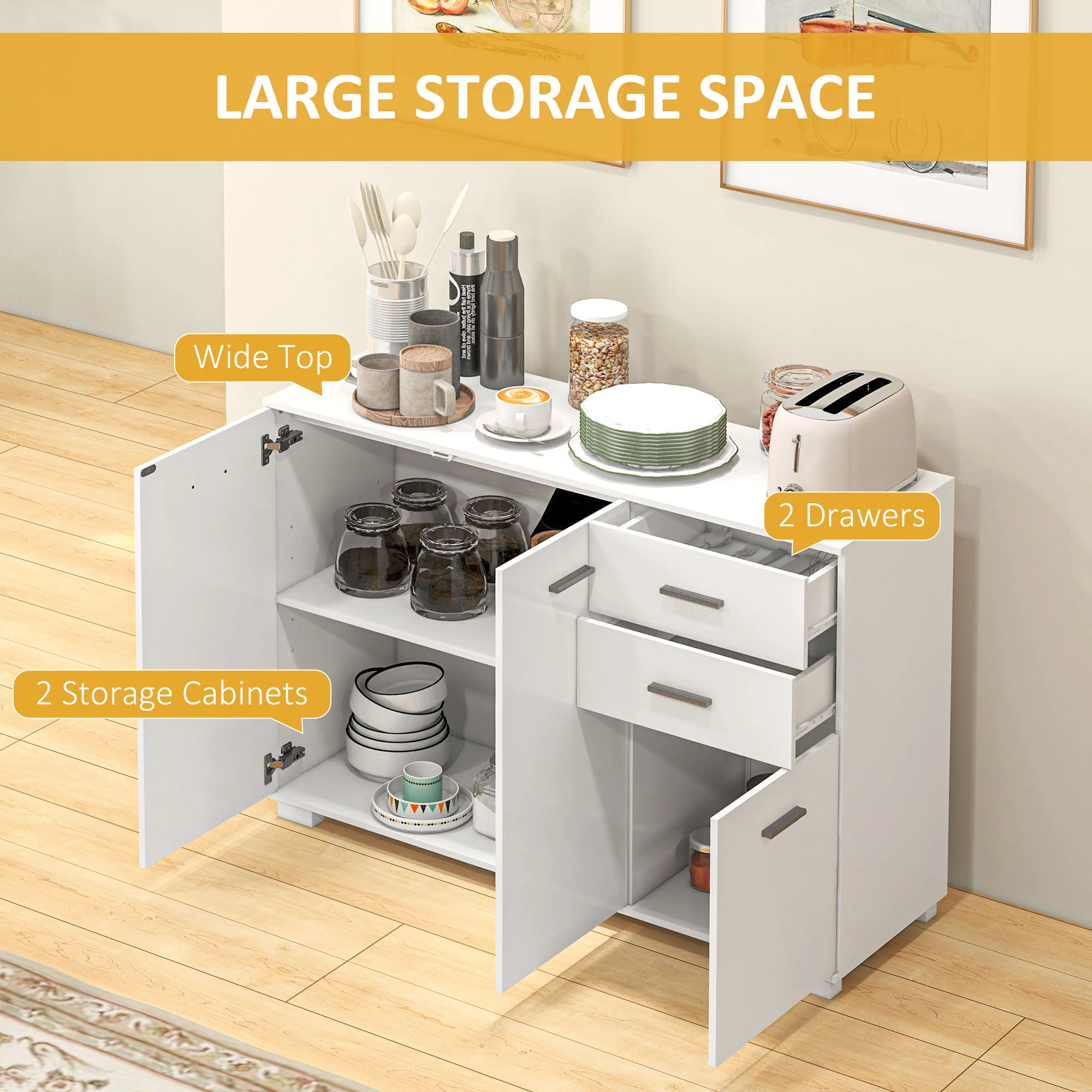 HOMCOM Modern Sideboard Kitchen Storage Cabinet with 2 Drawers and Shelves - Image 3