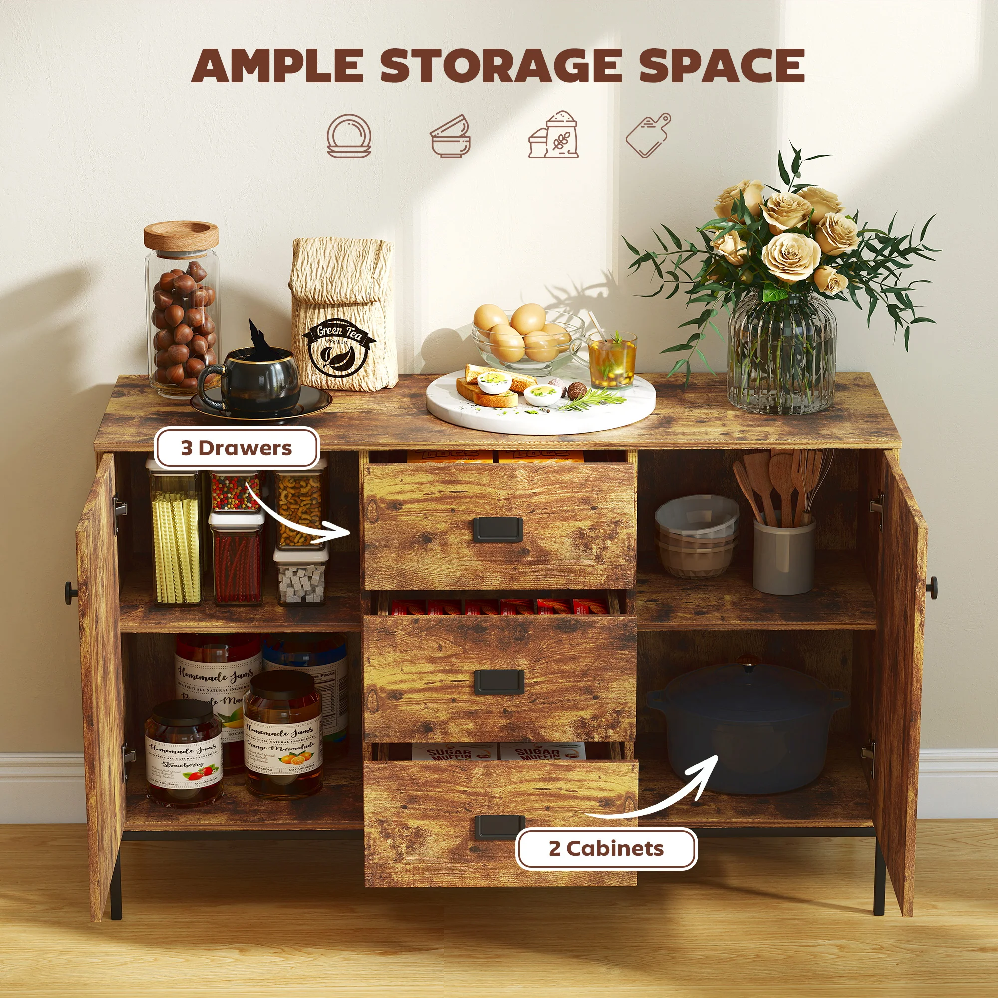 HOMCOM Modern Sideboard, Storage Cabinet, Accent Cupboard Rustic Brown - Image 3