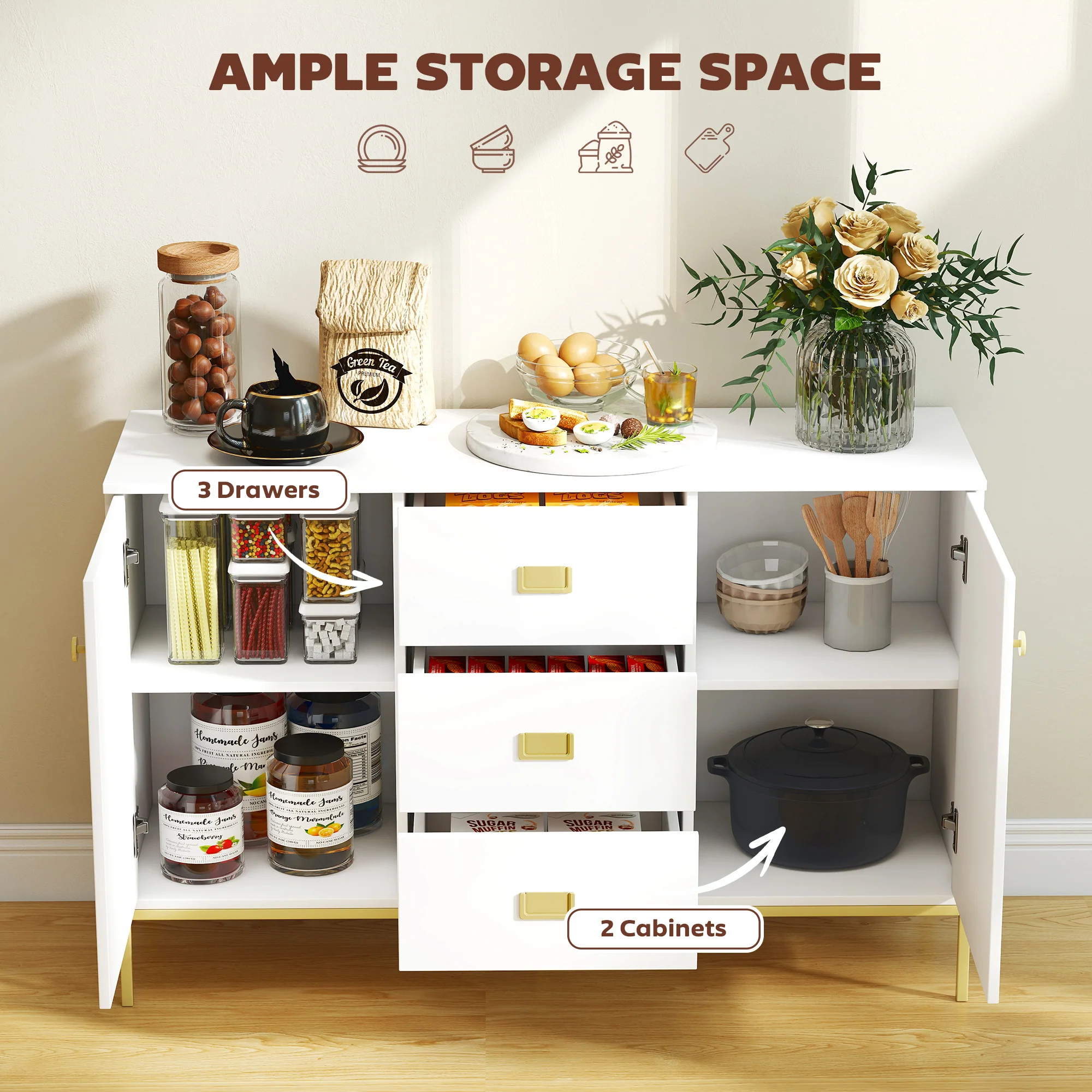 HOMCOM Modern Sideboard, Storage Cabinet, Accent Cupboard White - Image 3