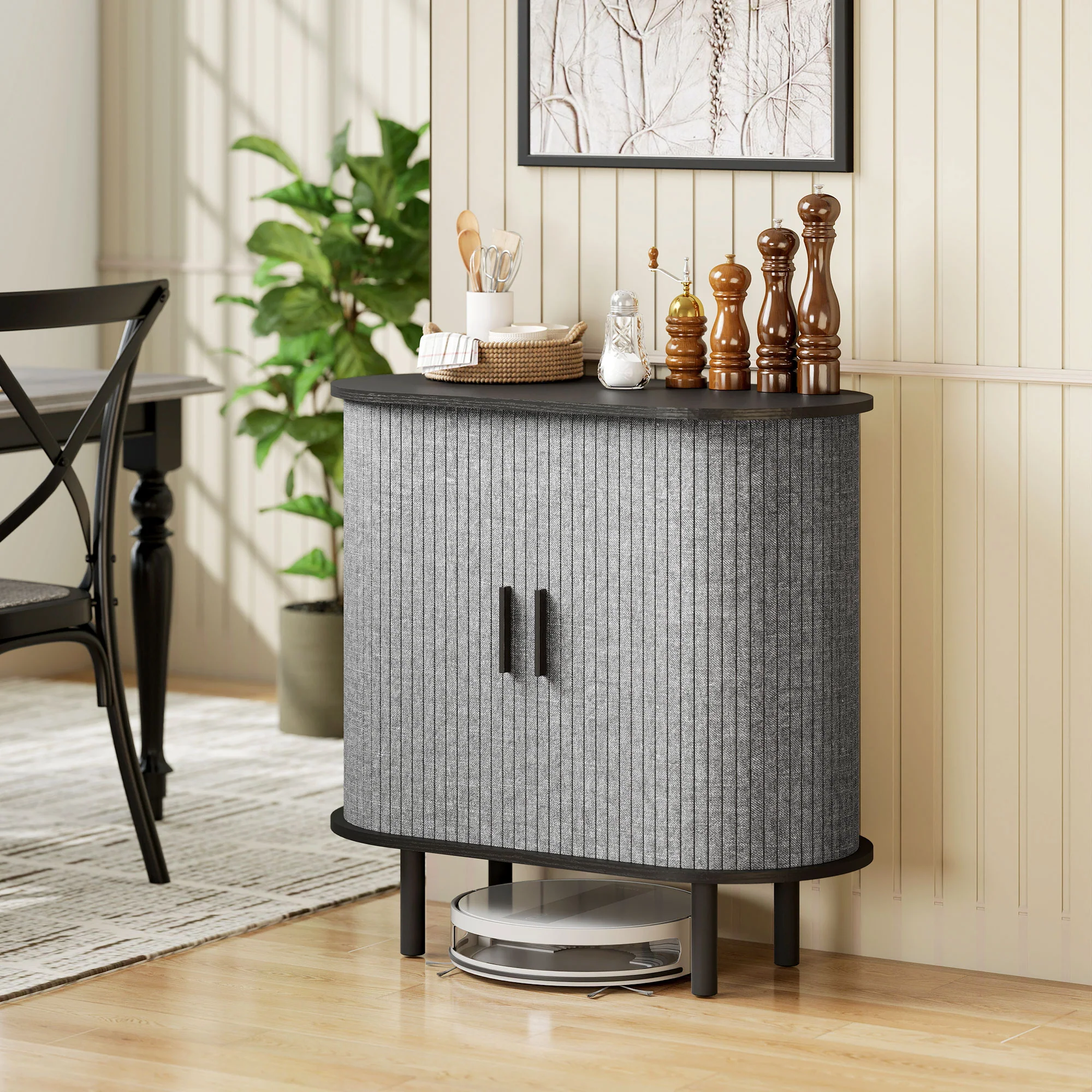 HOMCOM Modern Sideboard With 2 Sliding Doors Tambour Kitchen Cupboard Grey - Image 2
