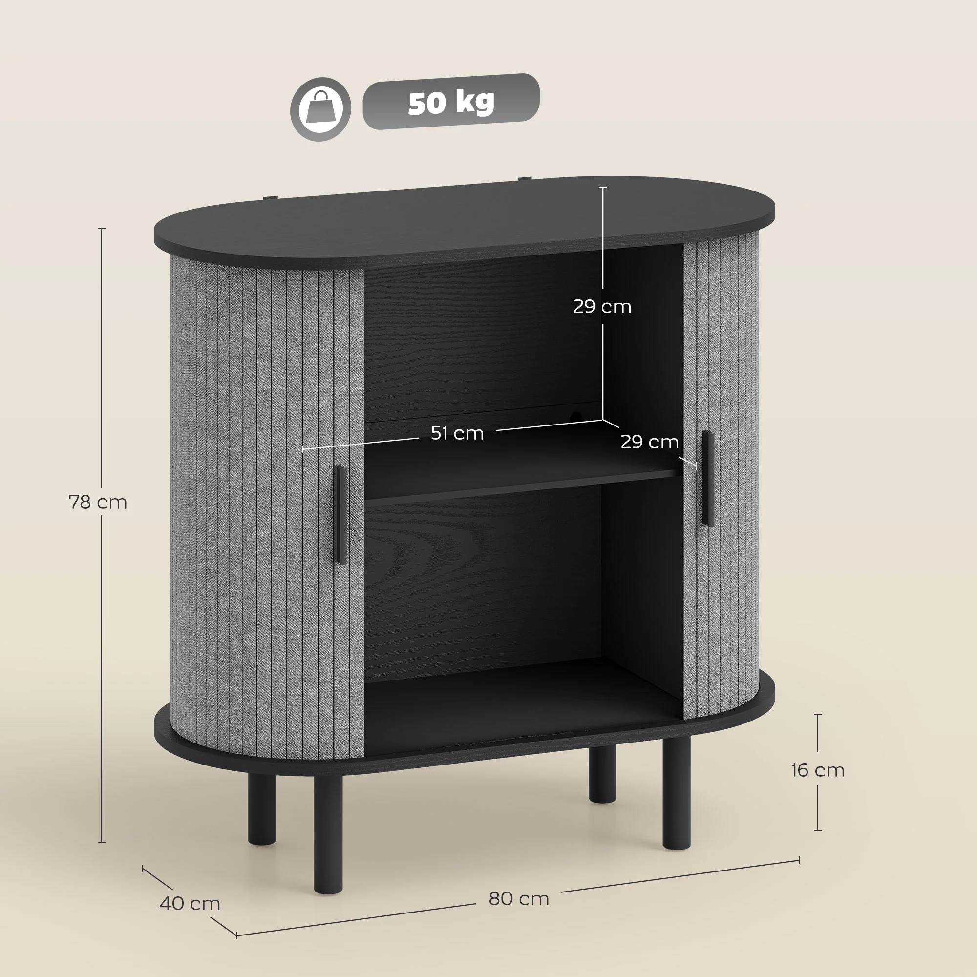 HOMCOM Modern Sideboard With 2 Sliding Doors Tambour Kitchen Cupboard Grey - Image 5