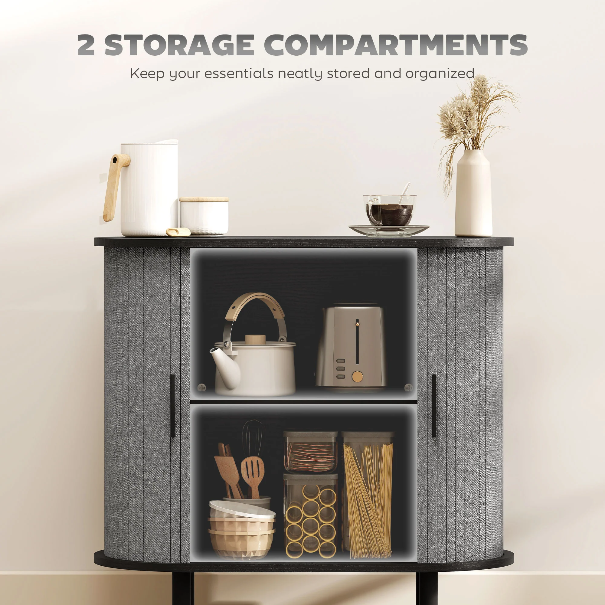 HOMCOM Modern Sideboard With 2 Sliding Doors Tambour Kitchen Cupboard Grey - Image 6