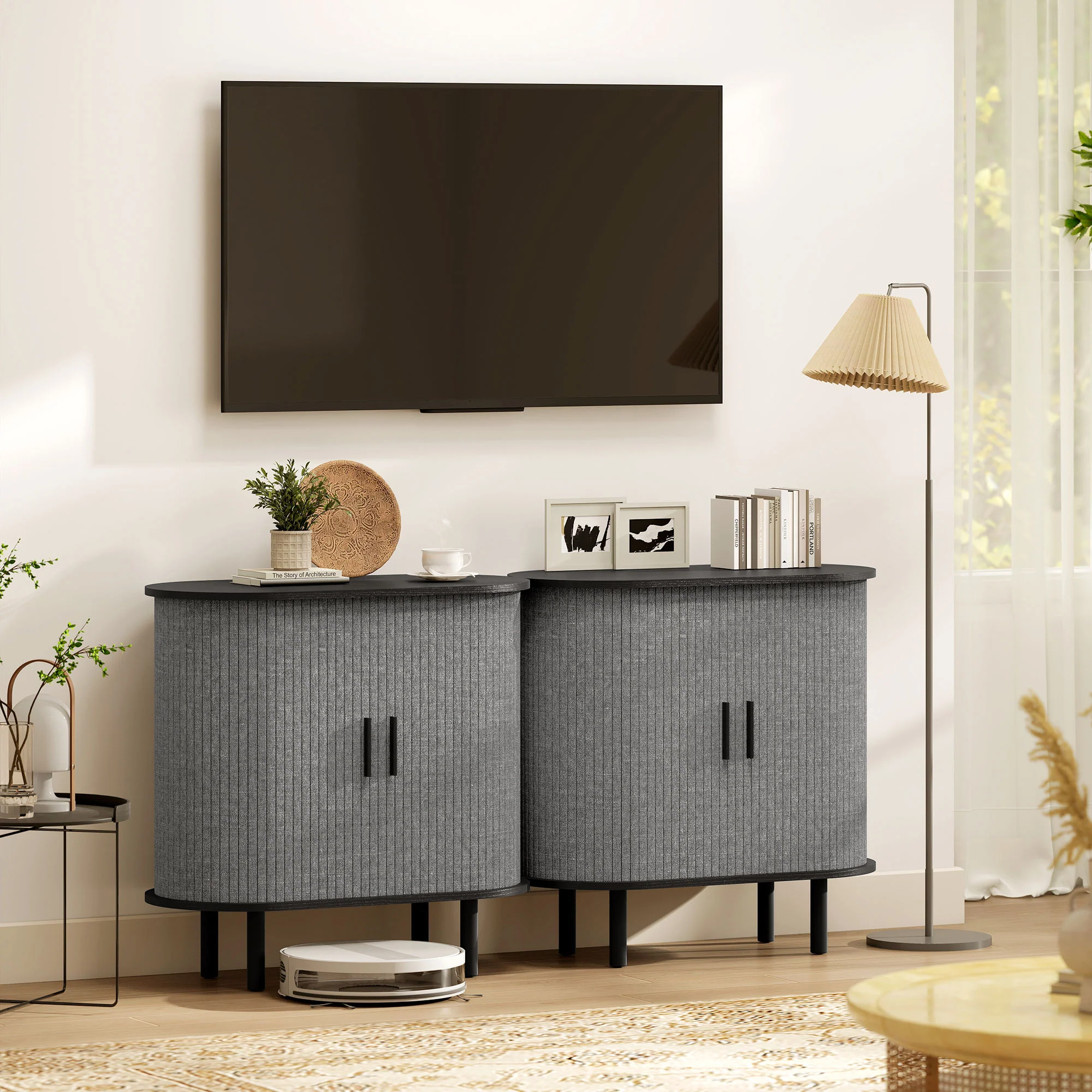 HOMCOM Modern Sideboard With 2 Sliding Doors Tambour Kitchen Cupboard Grey - Image 8