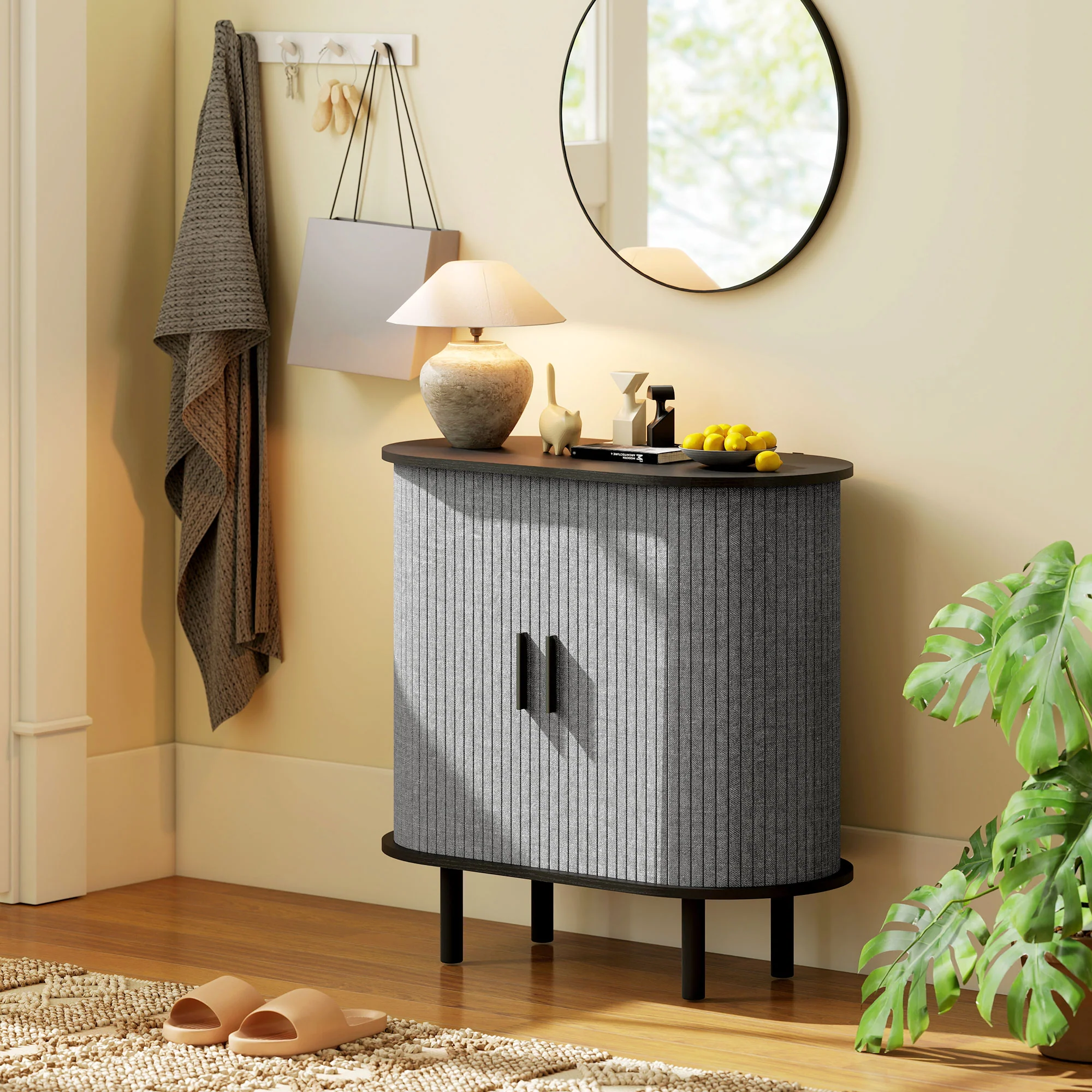 HOMCOM Modern Sideboard With 2 Sliding Doors Tambour Kitchen Cupboard Grey - Image 9