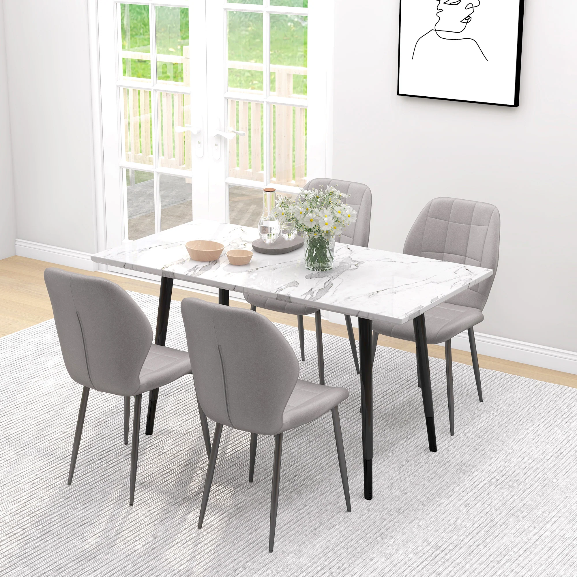 HOMCOM Modern Style Kitchen Chairs Set Of 4 With Flannel Upholstered, Light Grey - Image 3