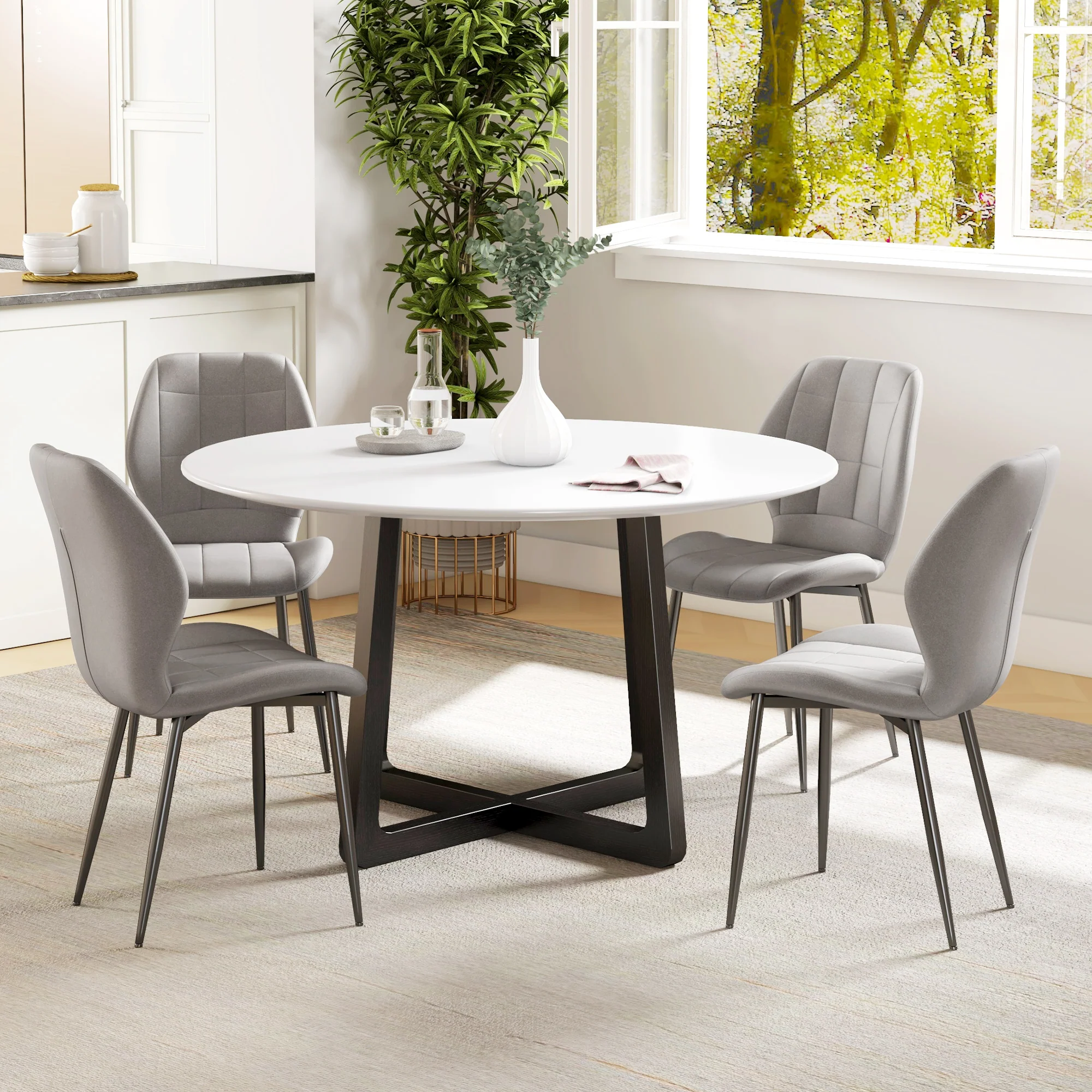HOMCOM Modern Style Kitchen Chairs Set Of 4 With Flannel Upholstered, Light Grey - Image 7