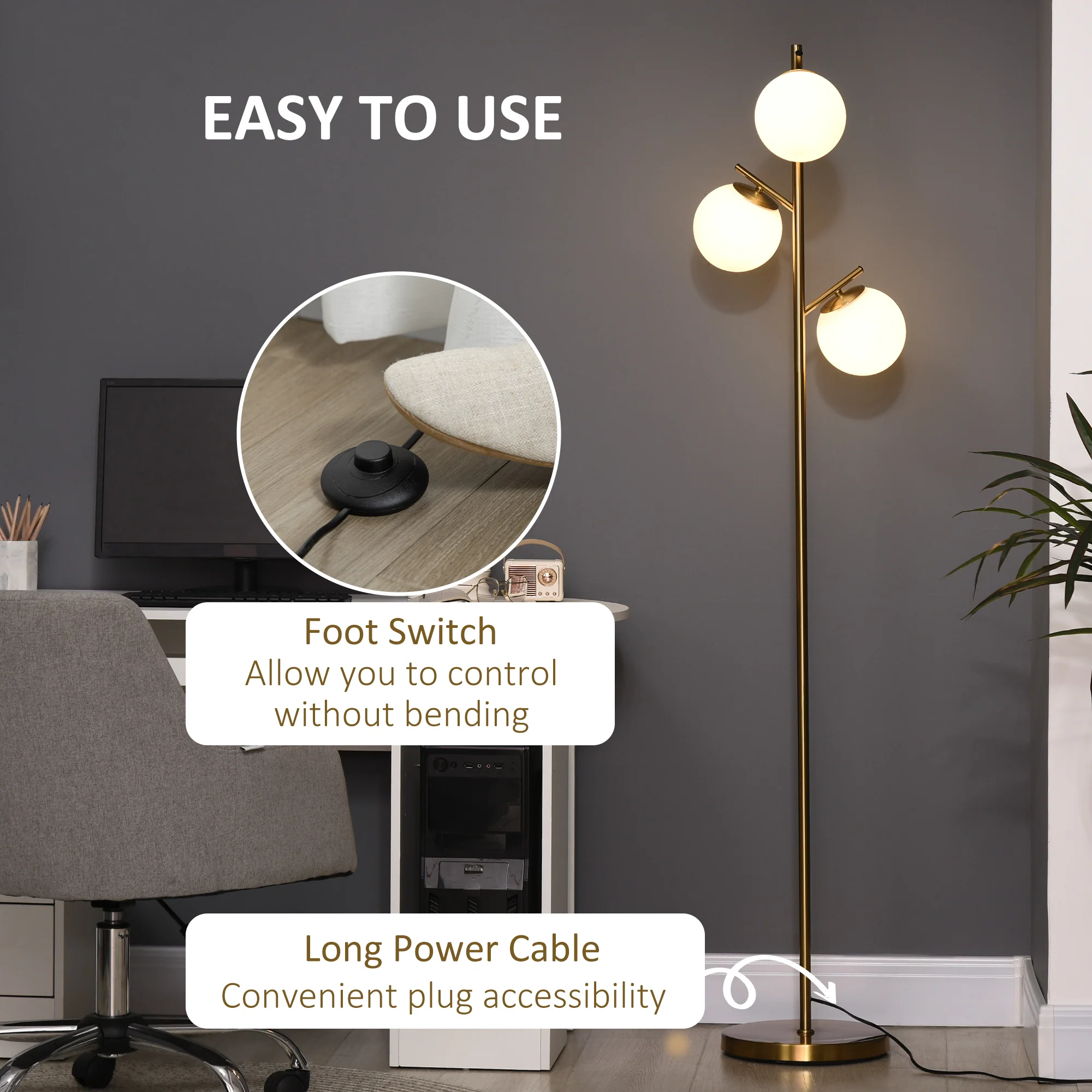 HOMCOM Modern Tree Floor Lamp With 3 Light, For Living Room Bedroom - Image 13