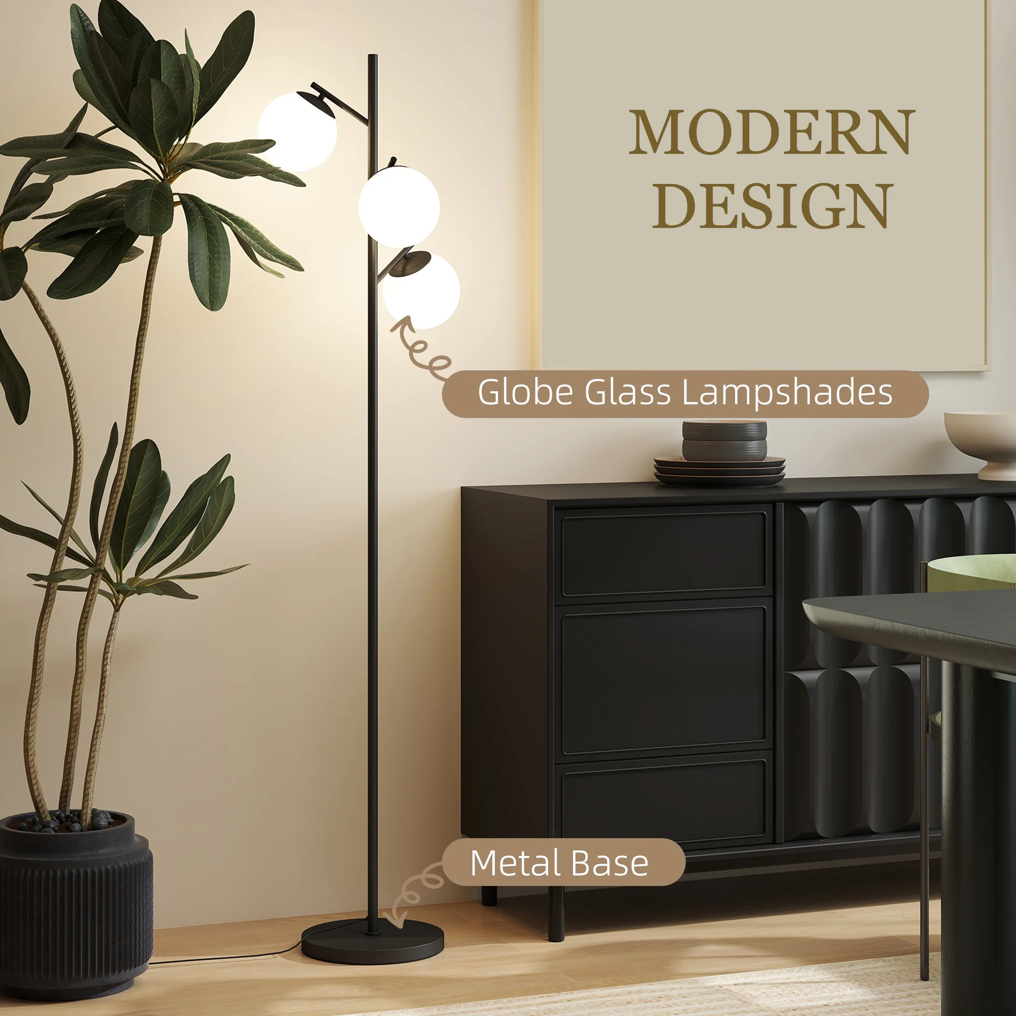 HOMCOM Modern Tree Floor Lamp With 3 Light, For Living Room Bedroom - Image 3