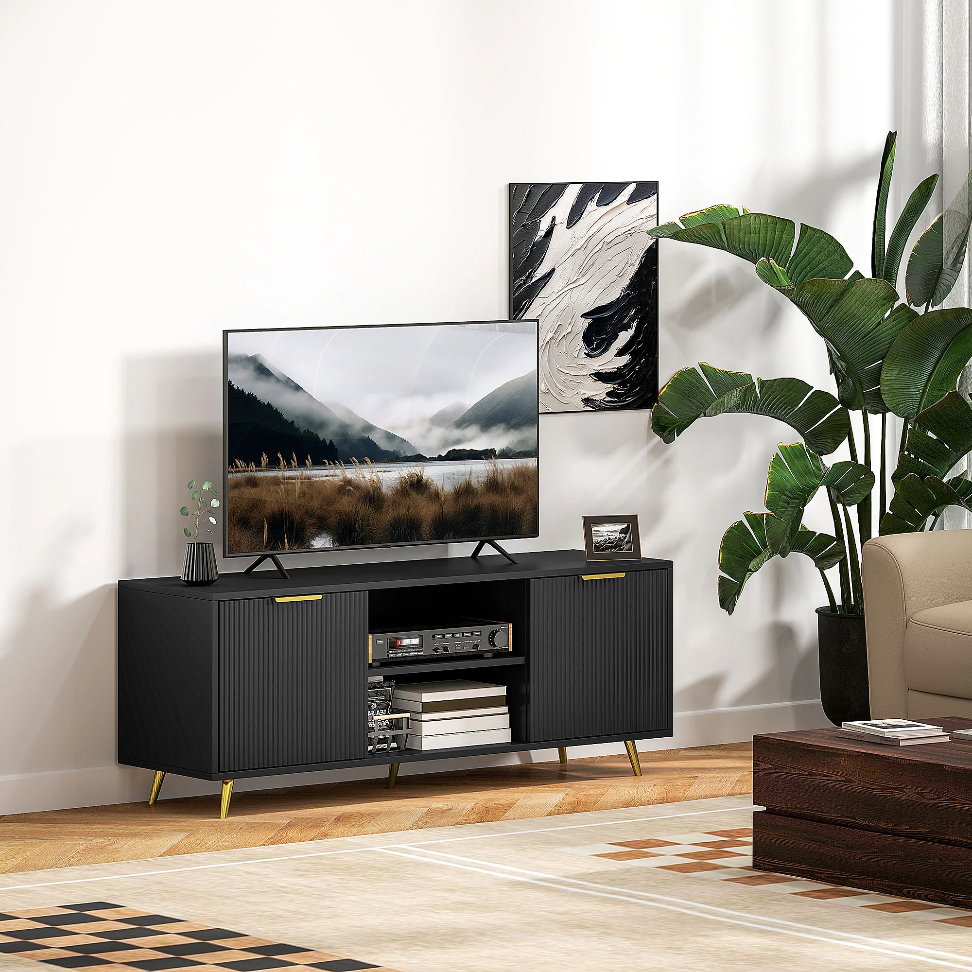 HOMCOM Modern TV Stand Cabinet With Storage For Living Room, Black - Image 2