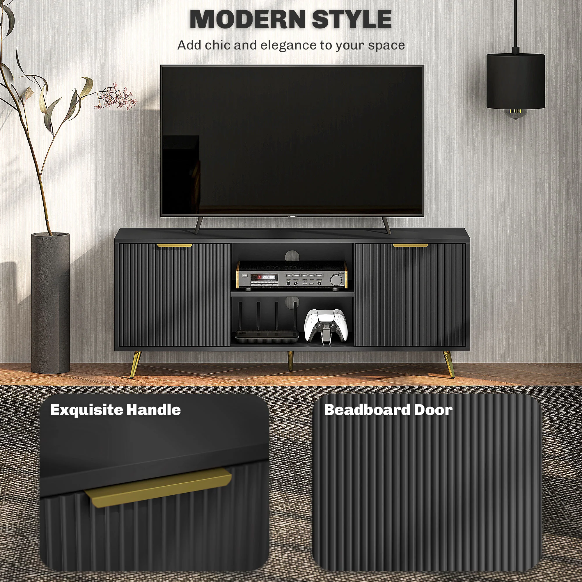 HOMCOM Modern TV Stand Cabinet With Storage For Living Room, Black - Image 3
