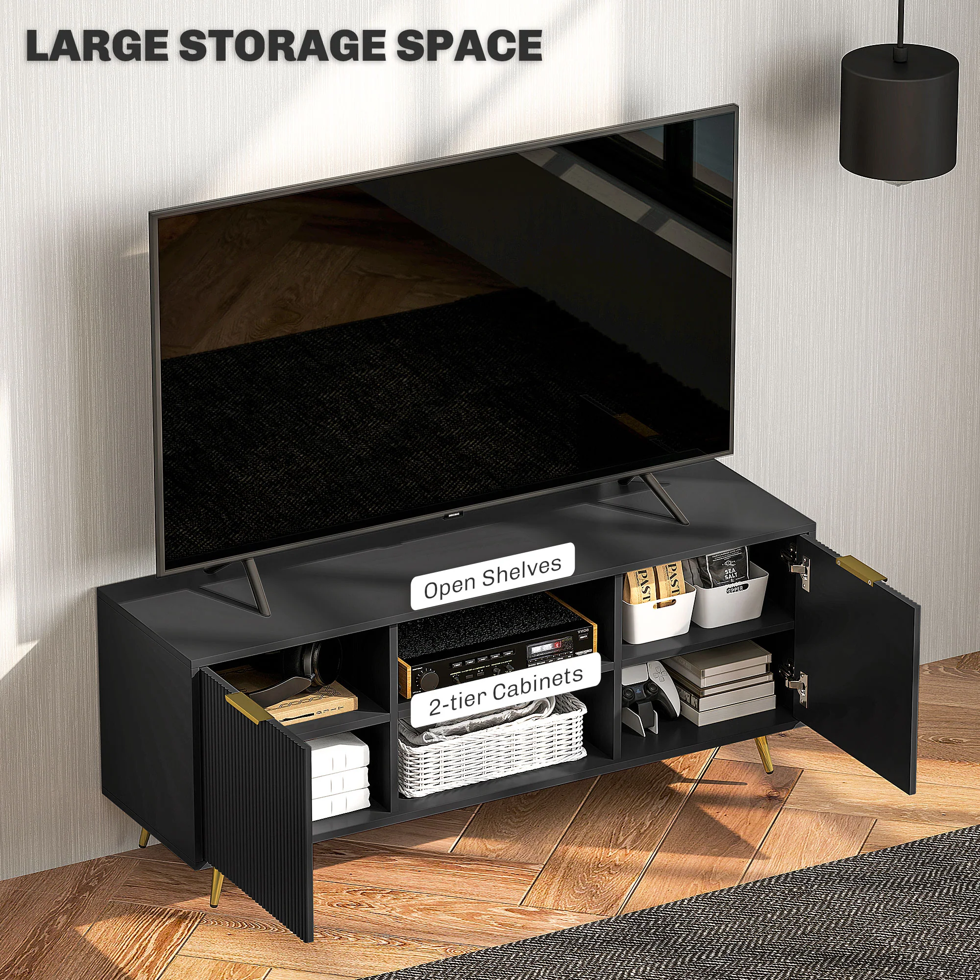 HOMCOM Modern TV Stand Cabinet With Storage For Living Room, Black - Image 4