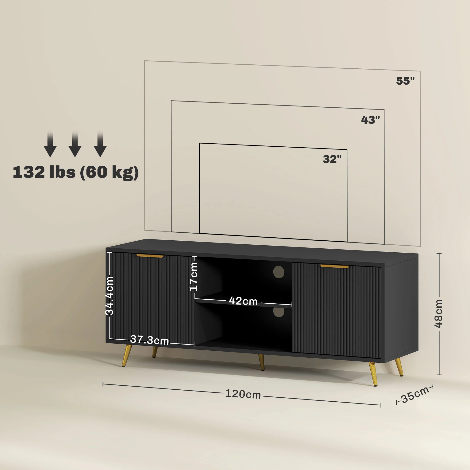 HOMCOM Modern TV Stand Cabinet With Storage For Living Room, Black - Image 5