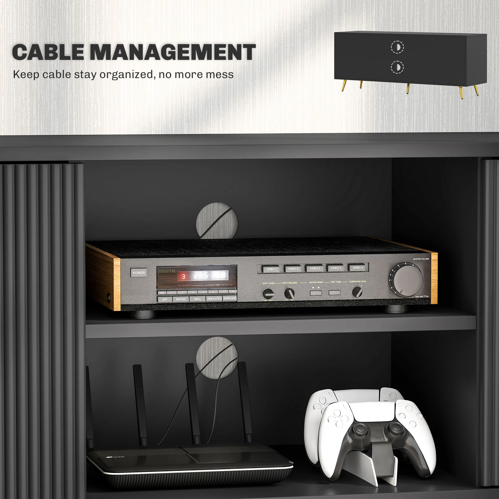 HOMCOM Modern TV Stand Cabinet With Storage For Living Room, Black - Image 6
