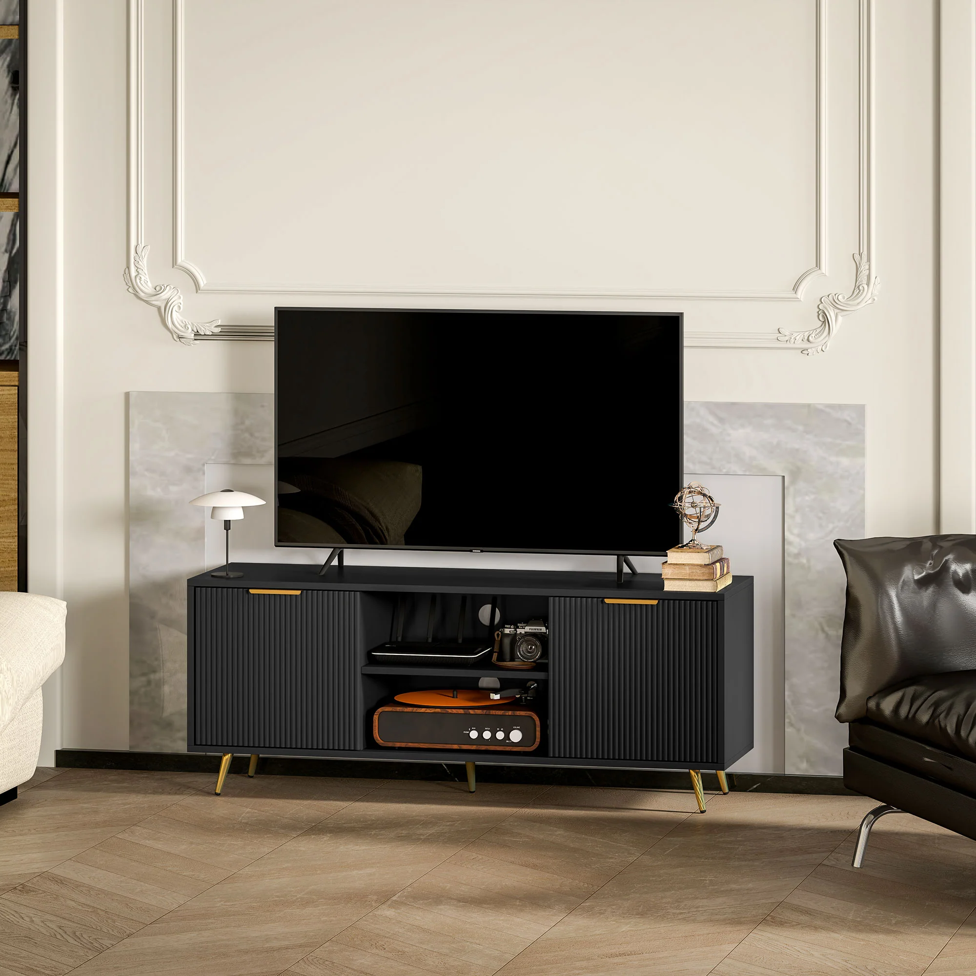 HOMCOM Modern TV Stand Cabinet With Storage For Living Room, Black - Image 7