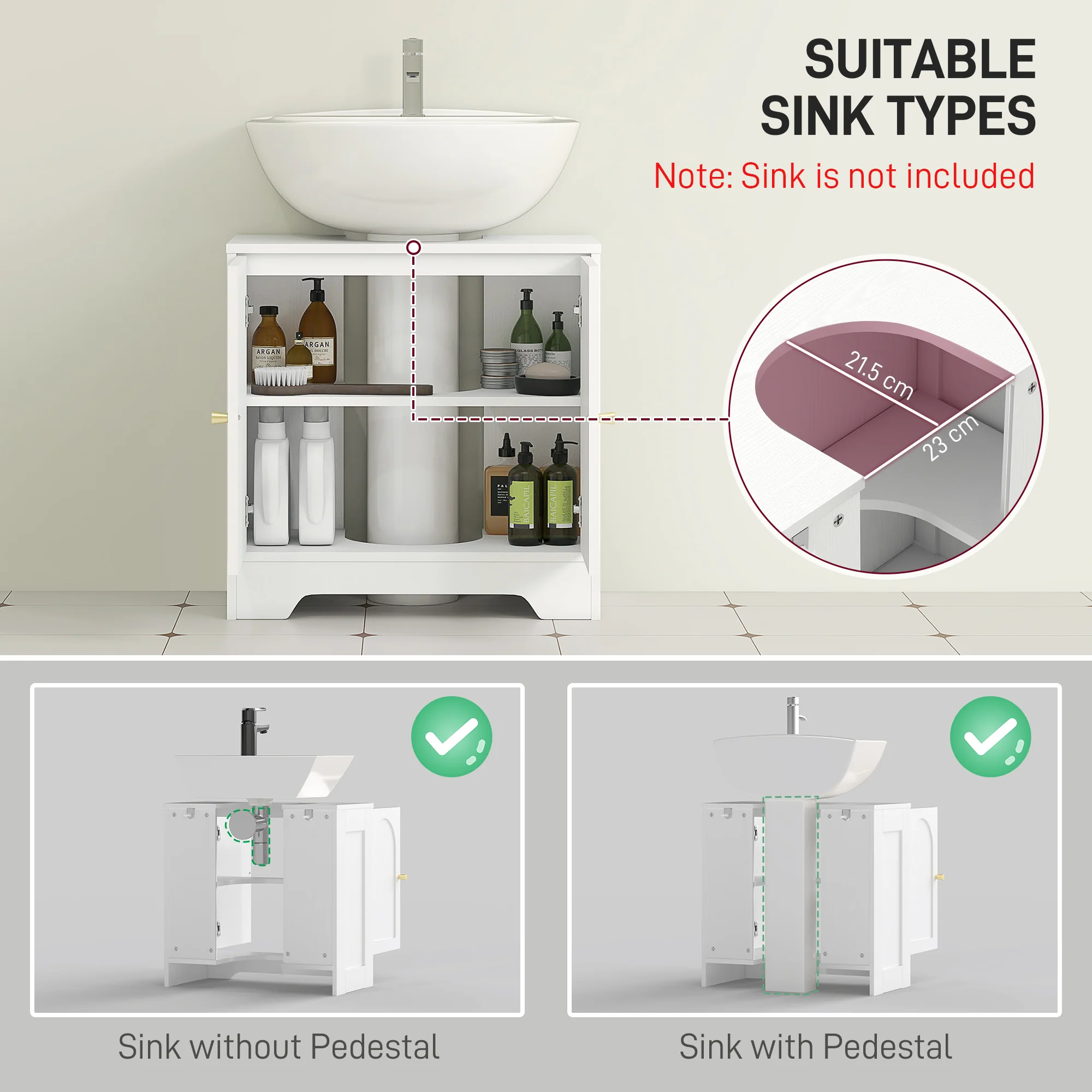 HOMCOM Modern Under Sink Cabinet for Basin without or with Pedestal, White - Image 3