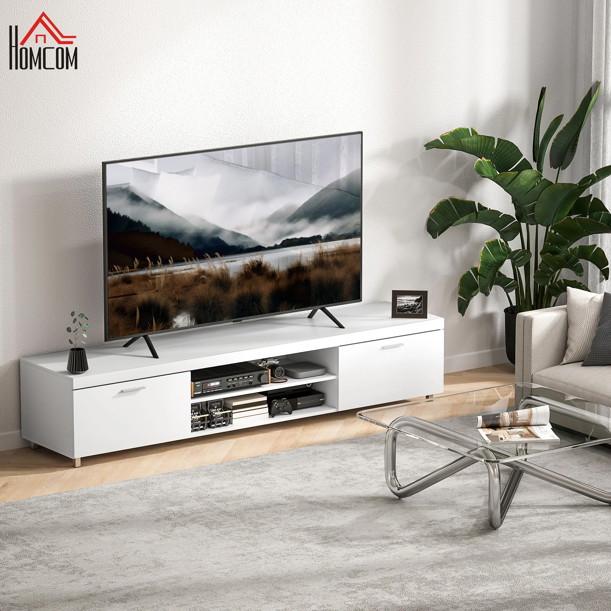 HOMCOM Modern Unit For TV W/ Cabinet Shelf For Living Room White - Image 3