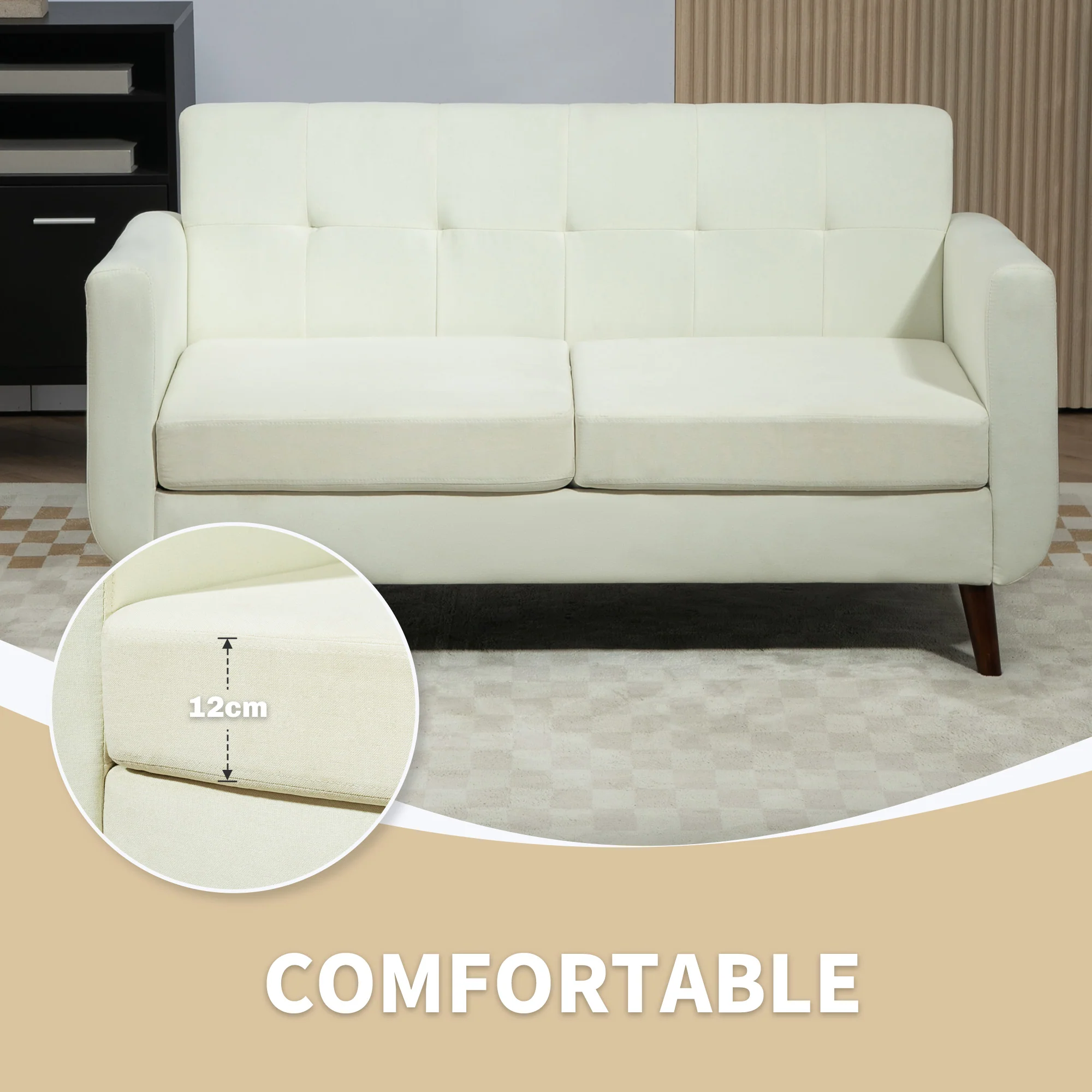 HOMCOM Modern Upholstered Fabric Loveseat Sofa for Living Room, Cream - Image 3